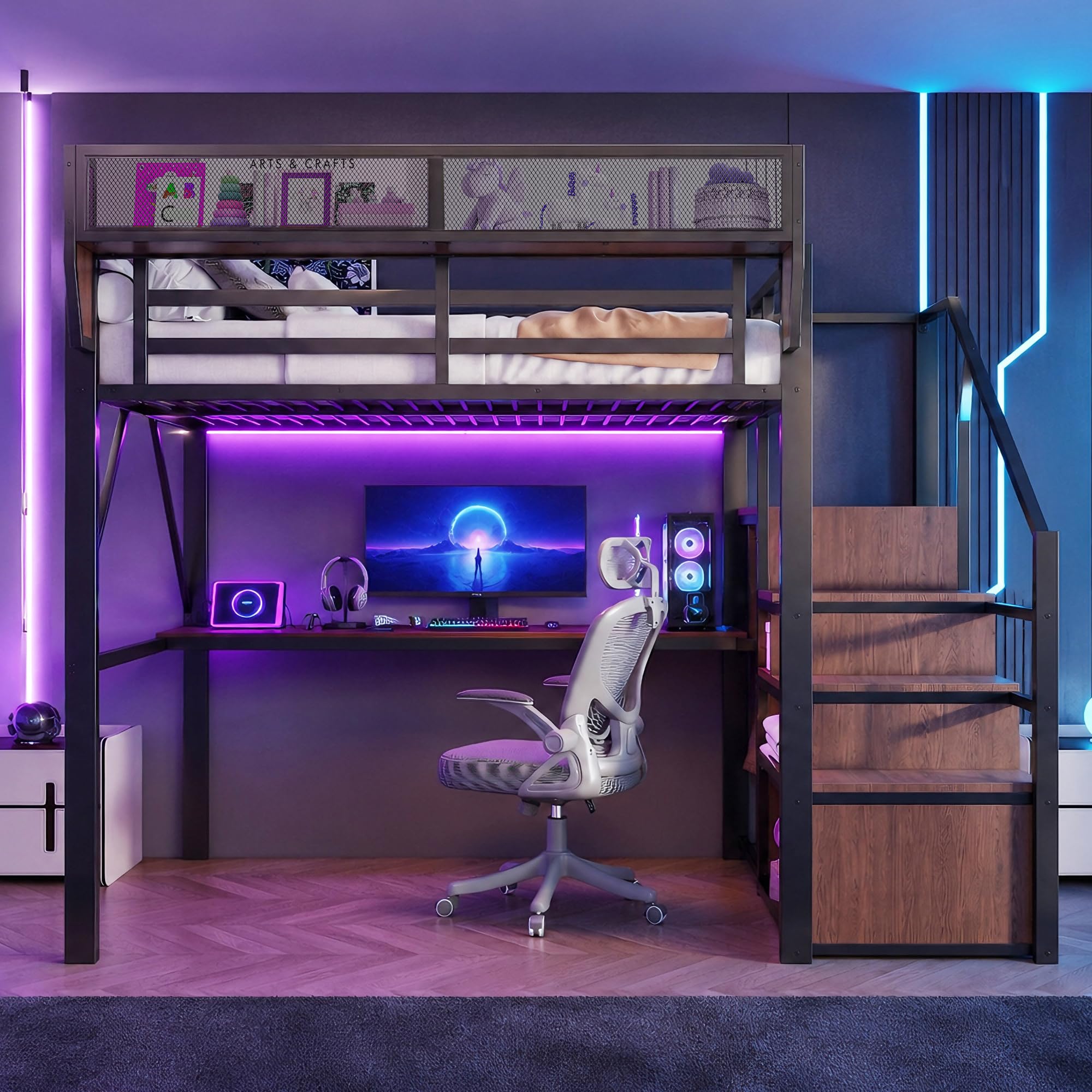 Lcoho Hochbett (140 x 200 cm), Metallbett, langem Schreibtisch, Sicherheitsleiter und flexiblem Stauraum – universelles Metallbett für Erwachsene und Kinder – Schwarz