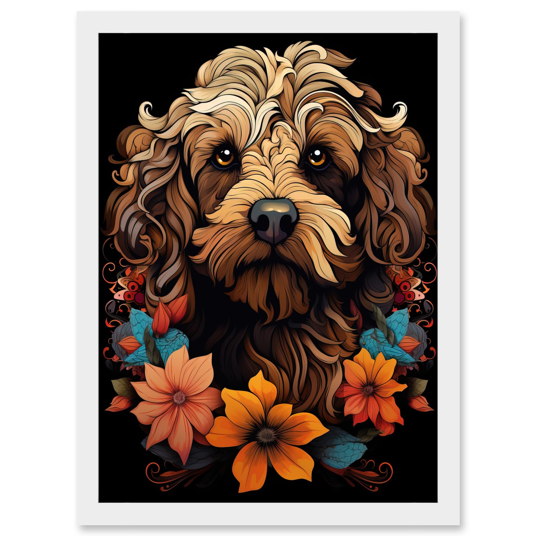 Artery8 Cockapoo Dog with Flowers Artwork Orange Brown Blue Floral Art Nouveau Portrait on Black Artwork Framed A3 Wall Art Print