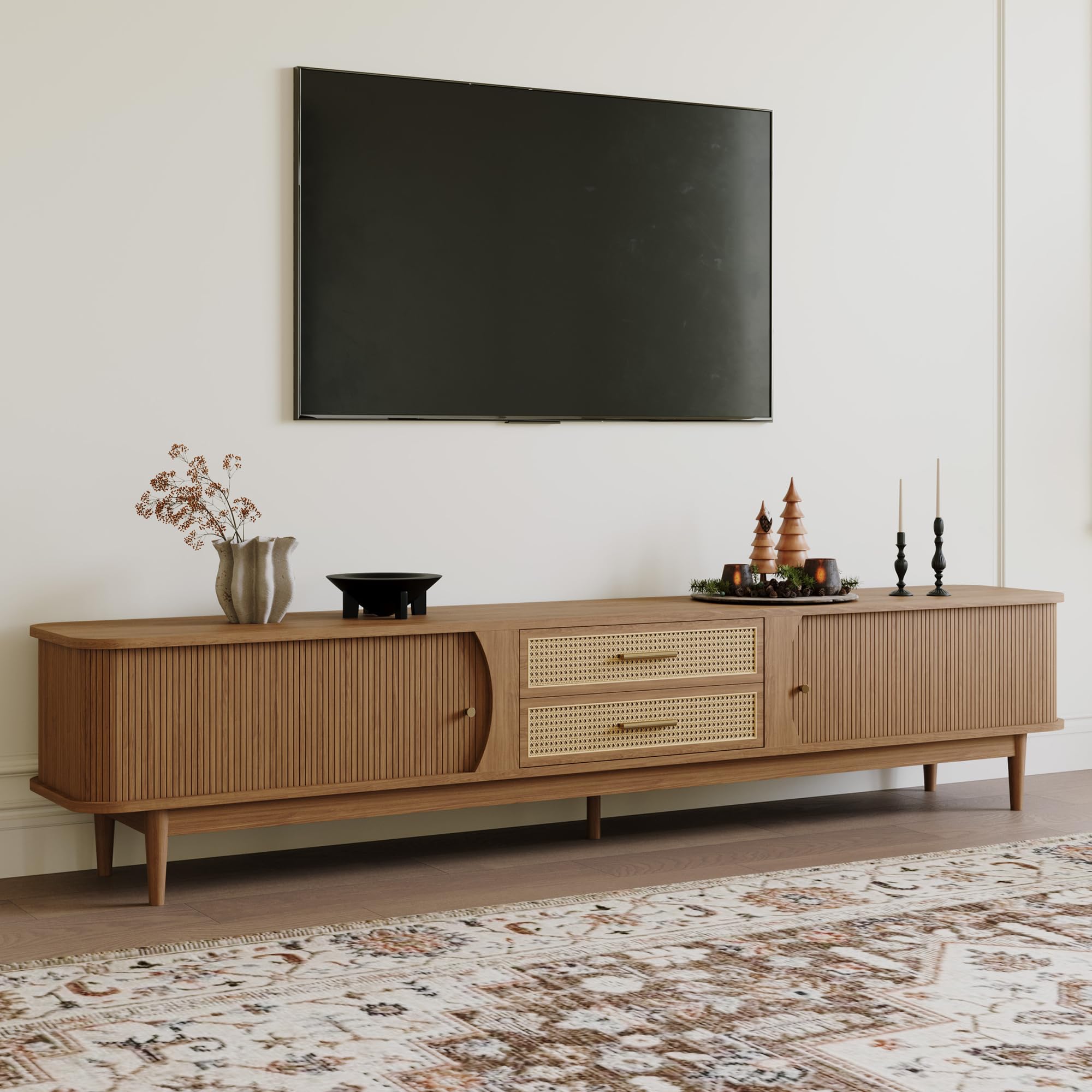 POVISON Sliding Door TV Stand, Mid Century Modern Rattan Woven TV Console, Wood Media Console for 85 Inch TV, Entertainment Center with Storage Cabinet, Fully-Assembled (Walnut, 94.48")