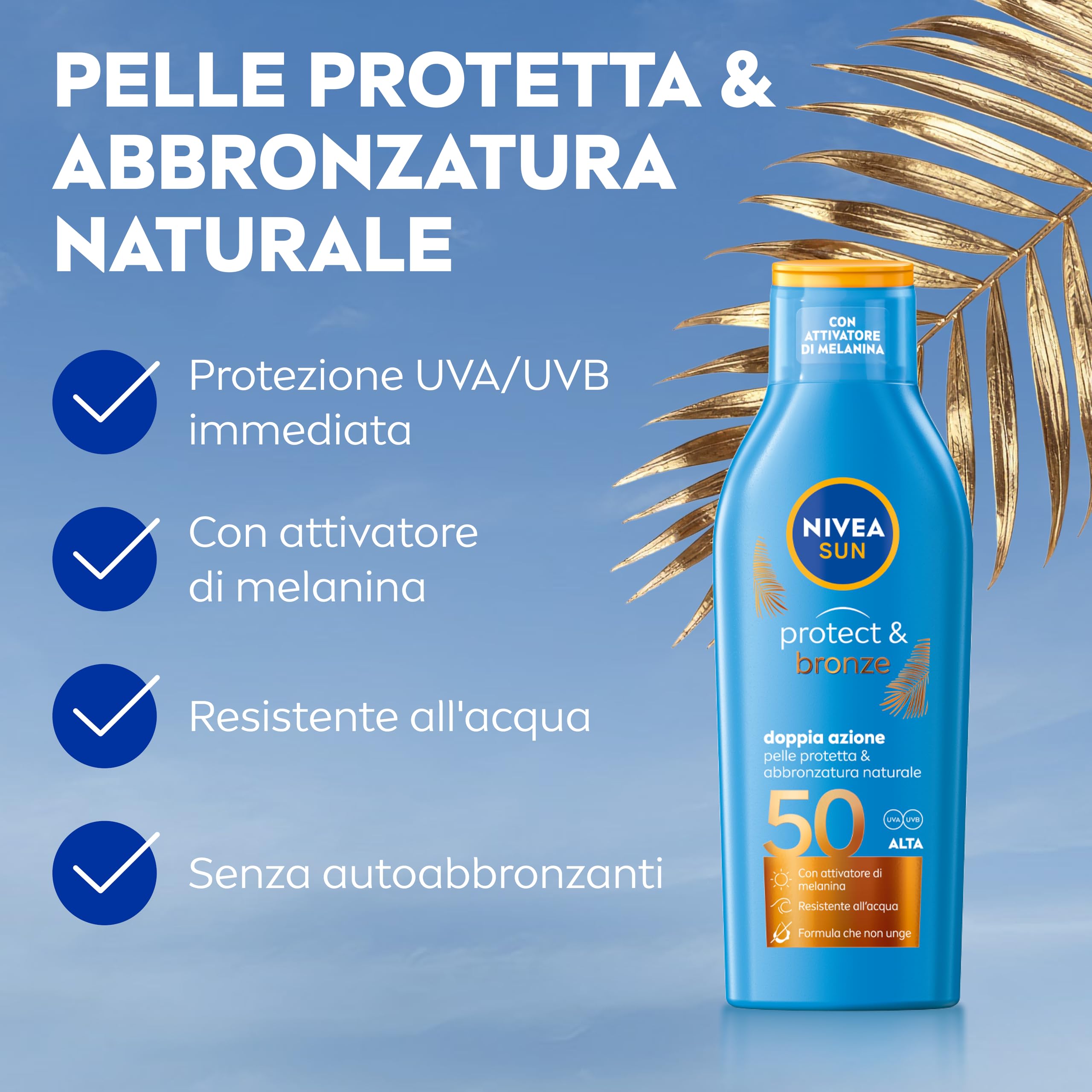 NIVEA SUN Latte Solare Protect & Bronze FP 50 200 ml, Crema solare 50 per un'abbronzatura dorata, intensa e uniforme, Protezione solare 50 con attivatore di melanina