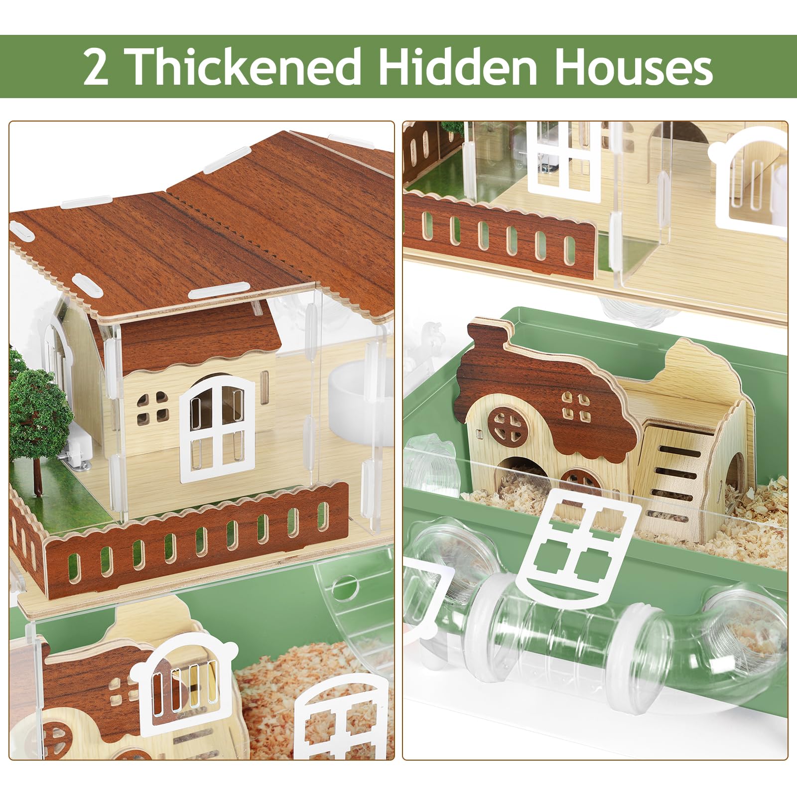 Acrylic Hamster Cage Large Hamster Habitat Dwarf Hamster Enclosure, 13.3''* 9.8''* 17.4'' Clear Pet Mice House for Syrian Small Hamsters, Green