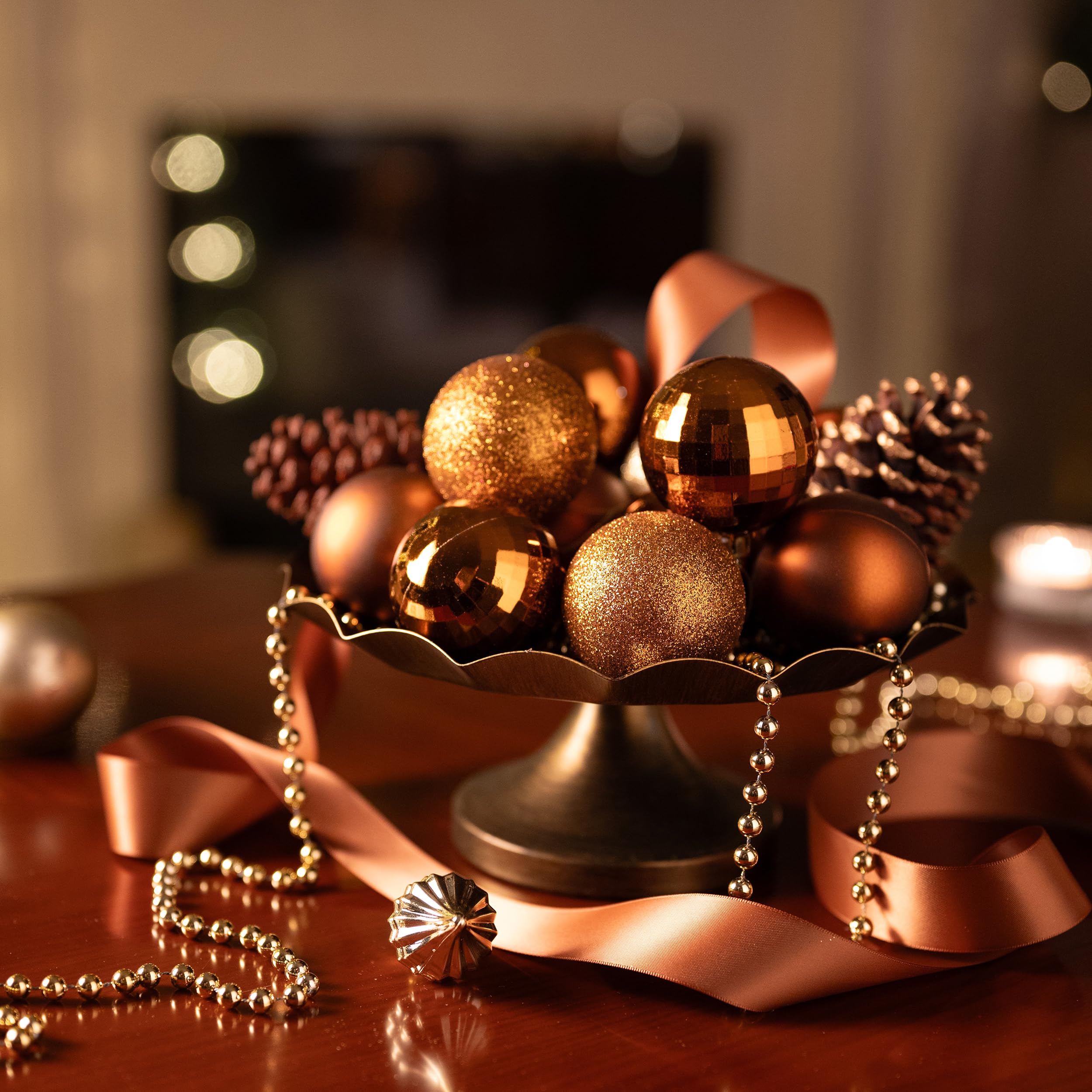 20 Boules De Noël En Plastique Bronze 5 Cm - Avec Crochet Suspension - Décoration Sapin, Thème Forêt - Lot De 20