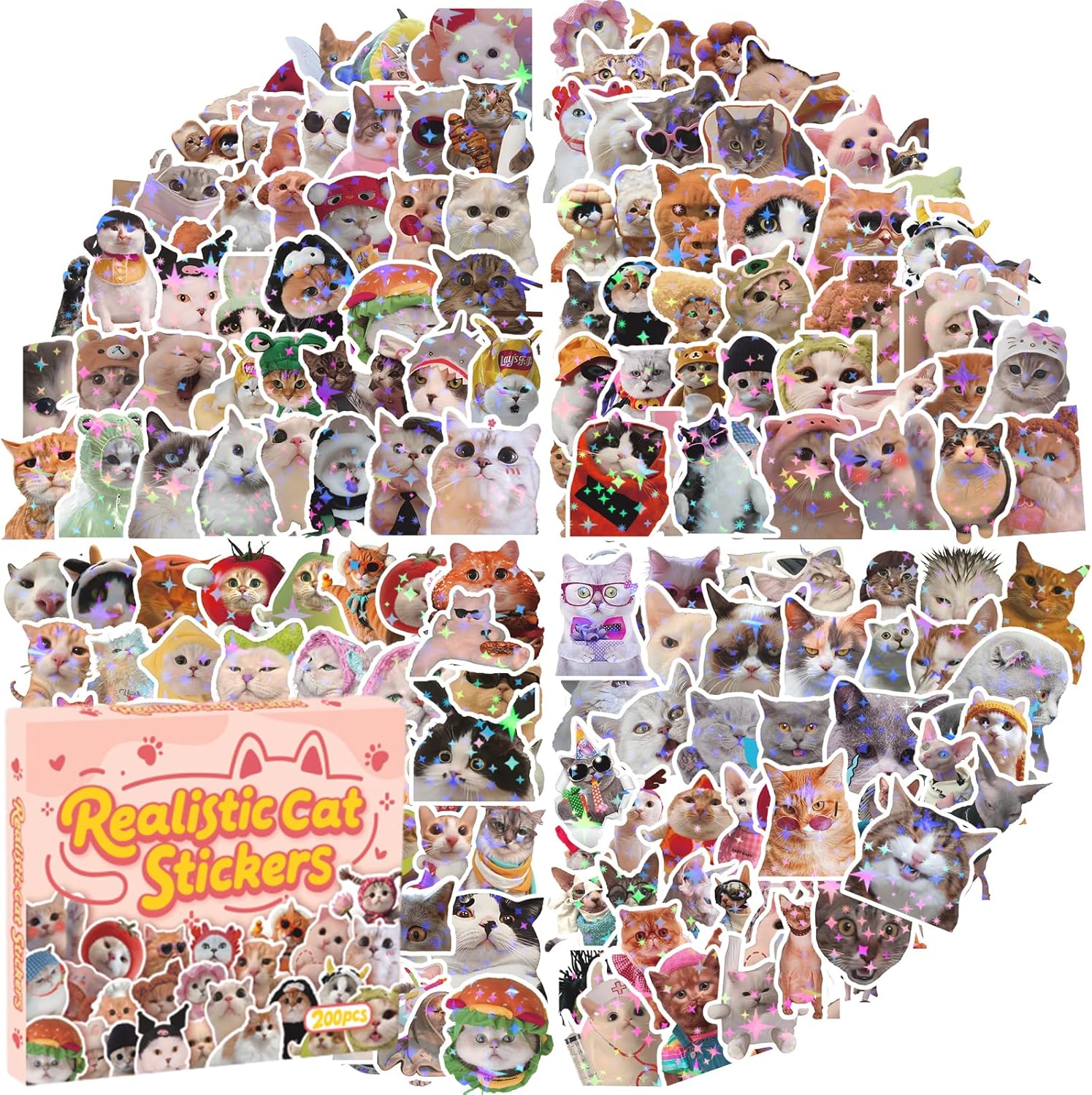200 PCS Holographic Cat Stickers Pack, Kawaii Cat Meme Stickers Funny Kitten Sticker for Water Bottles Laptop Luggage Suitcase, DIY Waterproof Vinyl Decals Gifts for Adults