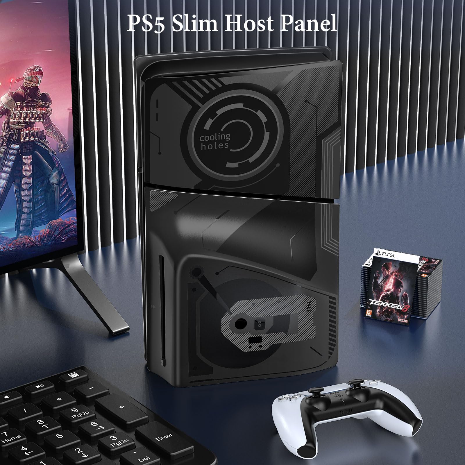 Faceplate Cover Kompatibel mit PS5 Slim Disc und Digital Edition, 4 in 1 PS5 Slim Cover Kompatibel mit PS5 Slim Konsole, Customized PS5 Slim Zubehör Hülle Skin für PS5 Slim - Schwarz