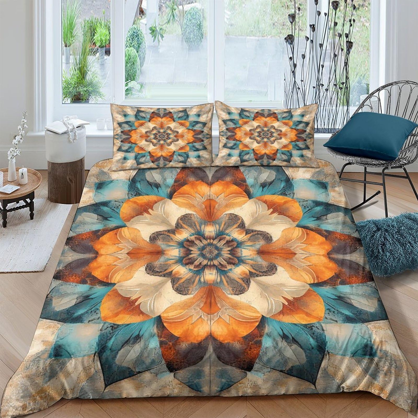 Ctjqhvkz Style-7 3D Printed Mandala Geometric Fitted Sheet Microfiber Orange Blue Boho Mattress Cover For Bedroom Guest Room Bed Protection Single（135X200cm）