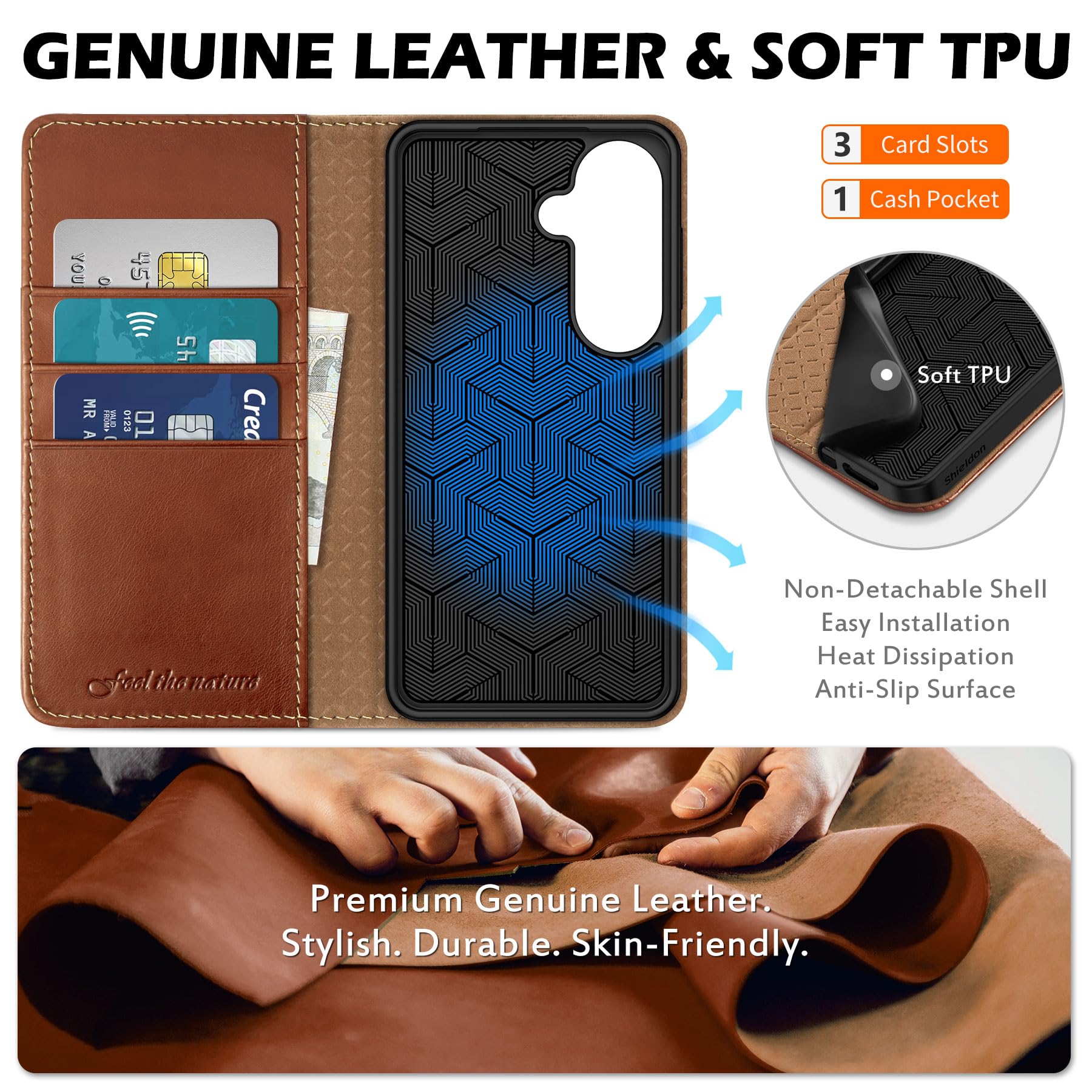 SHIELDON Echtleder Hülle für Galaxy S26 6,3" 5G 2026, Retro Braun | Kartenfach, Ständer, Magnetverschluss, RFID Blocker, Stoßfeste TPU Case, Lederhülle, Handyhülle, Schutzhülle