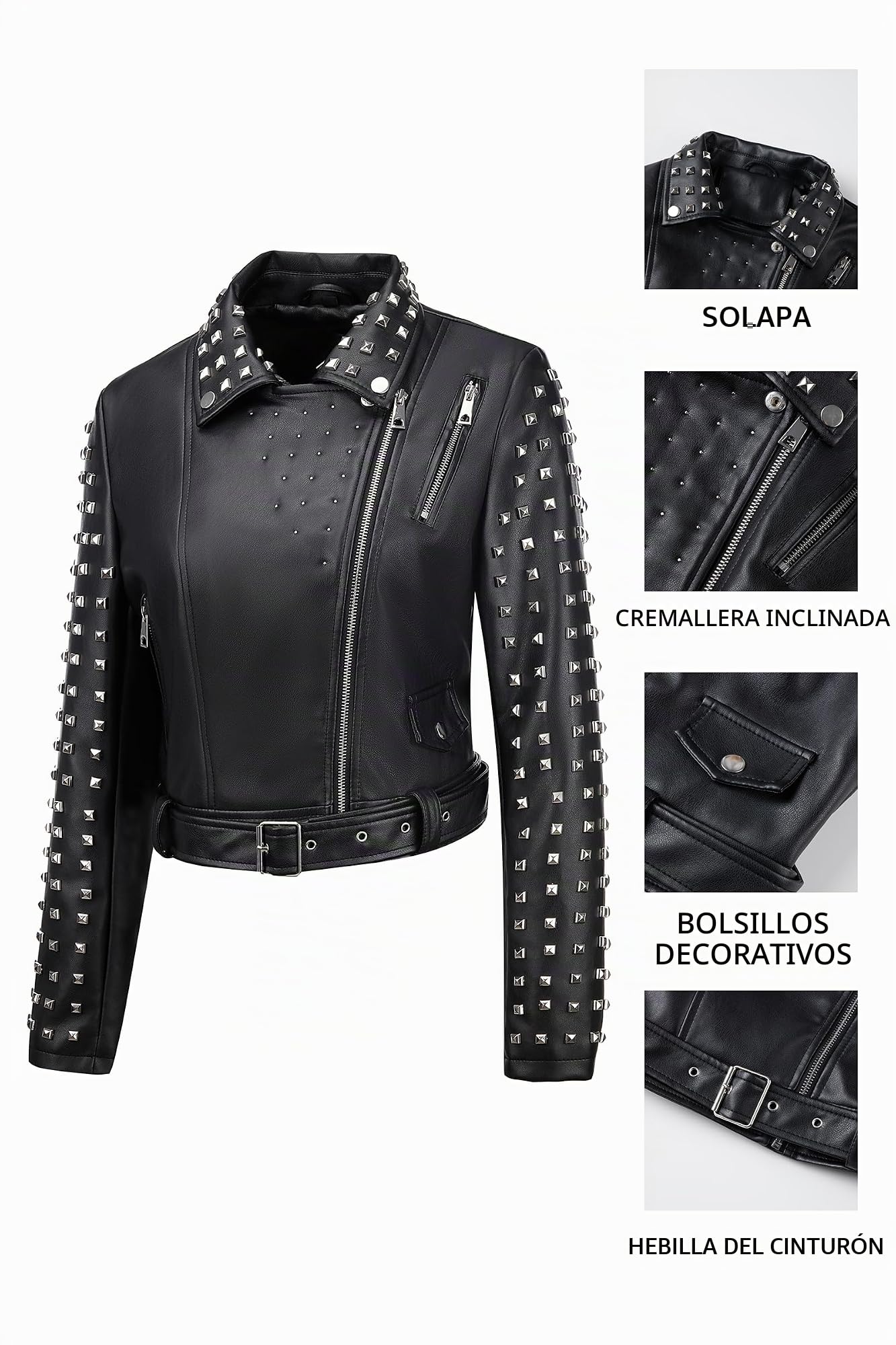 Giolshon Mujer Chaqueta de cuero sintético Remache tachonado Moto Floral Biker Abrigo de solapa corta