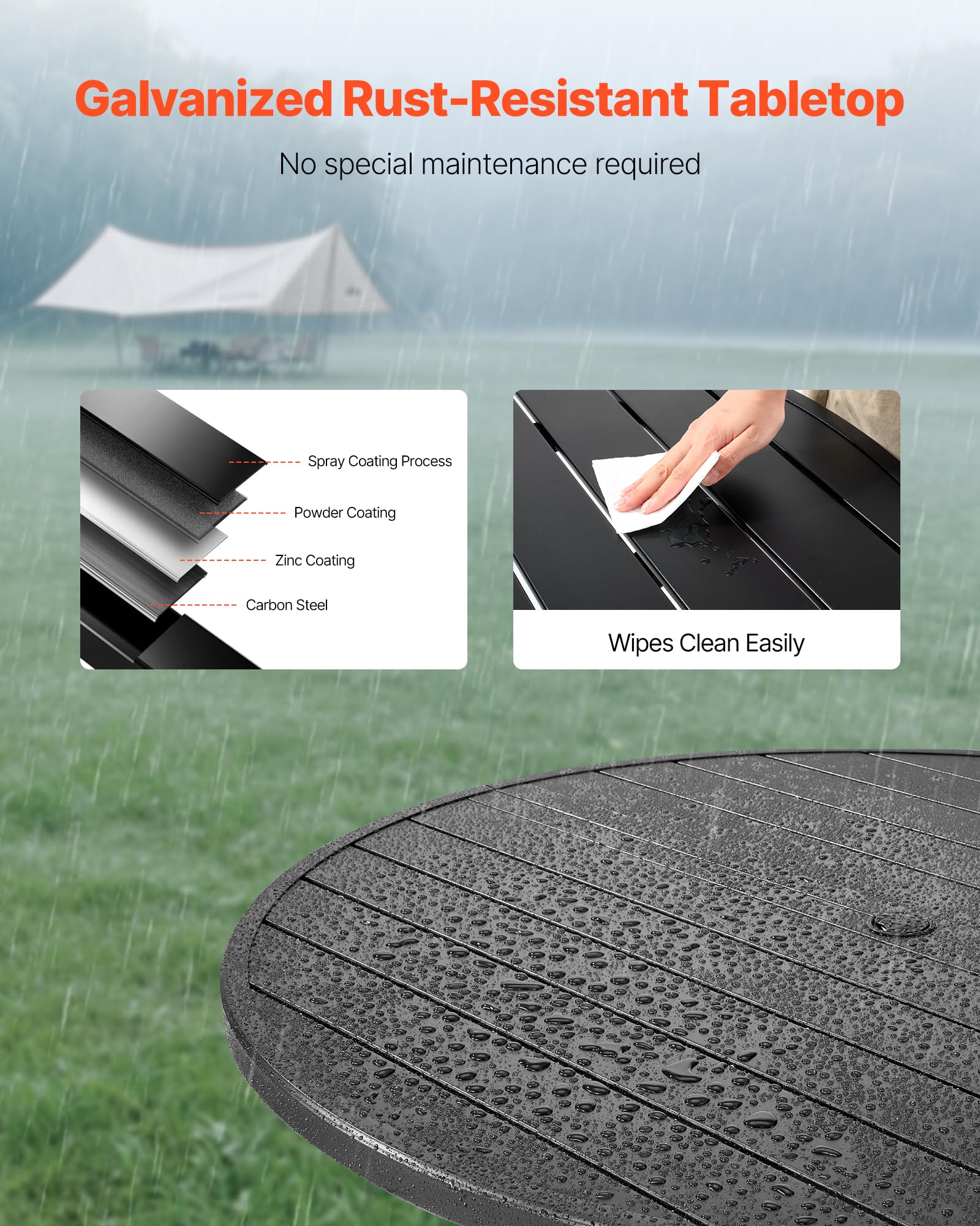VEVOR Terrassentisch Gartentisch Balkontisch (1200 x 725 mm) aus Kohlenstoffstahl runder Esstisch für Outdoor Hof Terrasse Garten Veranda, wasserfest, mit 38 mm Schirmloch, 68 kg Tragkraft Schwarz