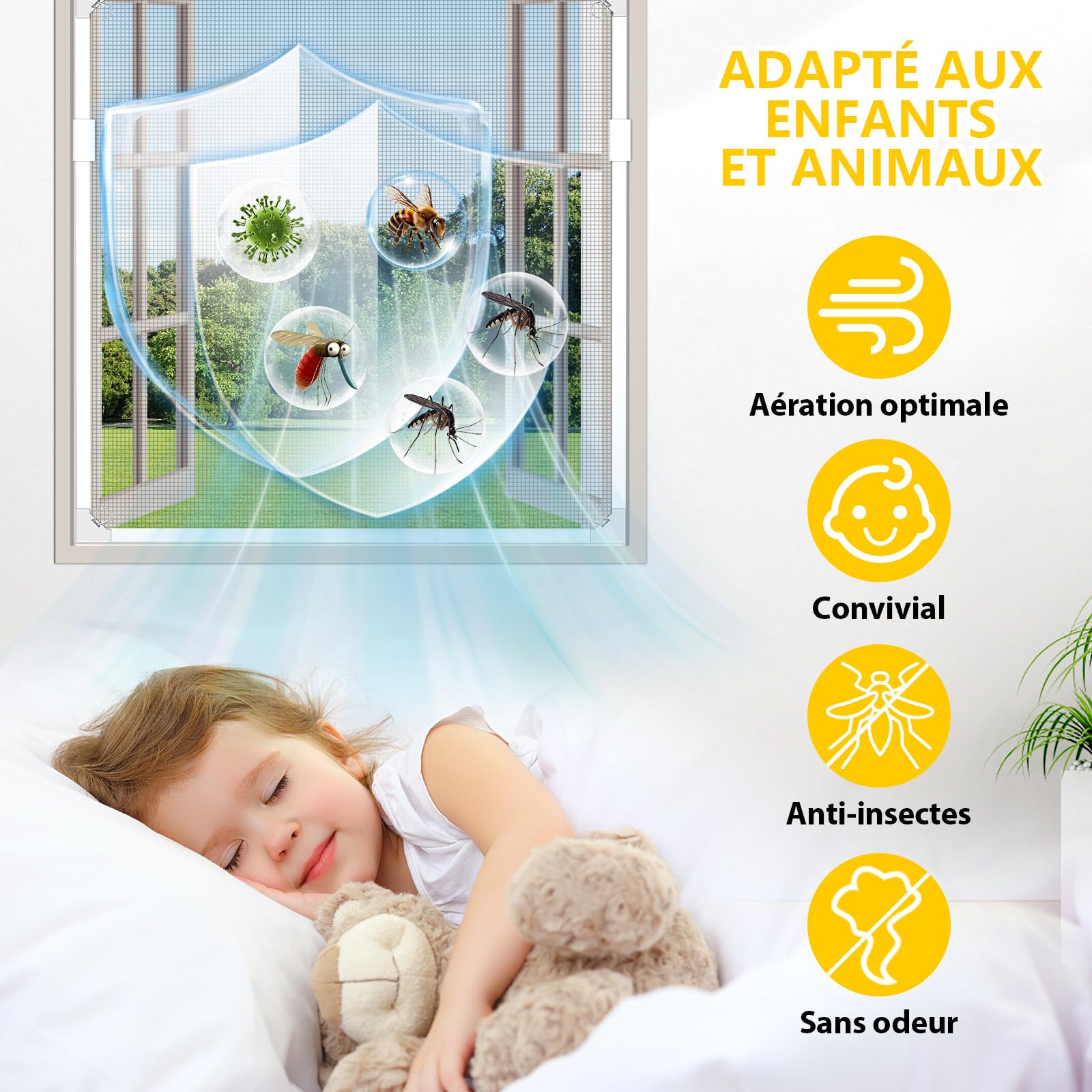 HOFUDON Moustiquaire Fenêtre Magnétique 130x150 cm,Durable Fibre de Verre, Taille Ajustable DIY,Moustiquaire Aimantée Fenetre Sans Perçage/Cadre Détachable,Aération Optimale & Vue Dégagée