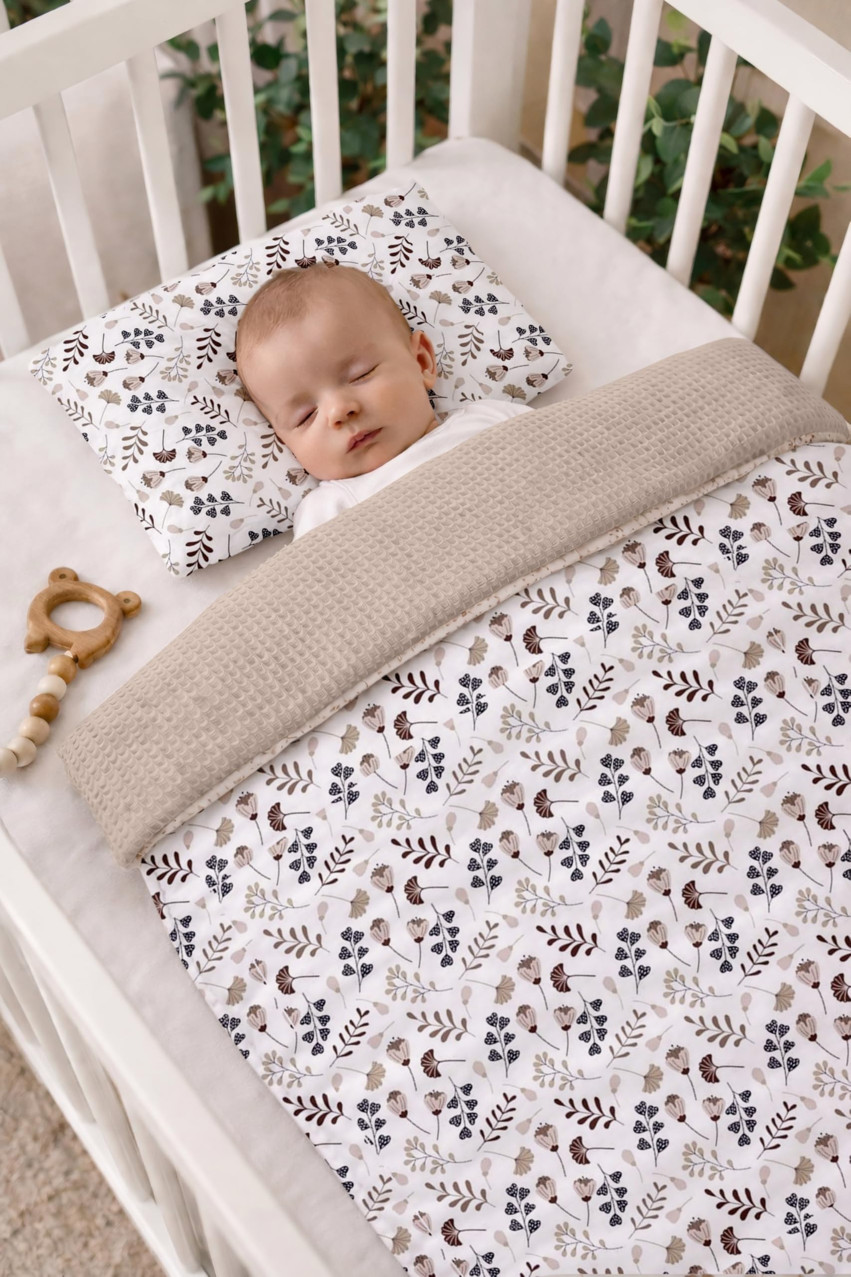 Babynest Nestchen Baby Set für Neugeborene – 5-teilig – Kuschelnest aus 100% Baumwolle & Waffelpique – Babykokon tragbar – für Babybett, Kinderbett & Kinderwagen – OEKO-TEX - Zweige und Sand