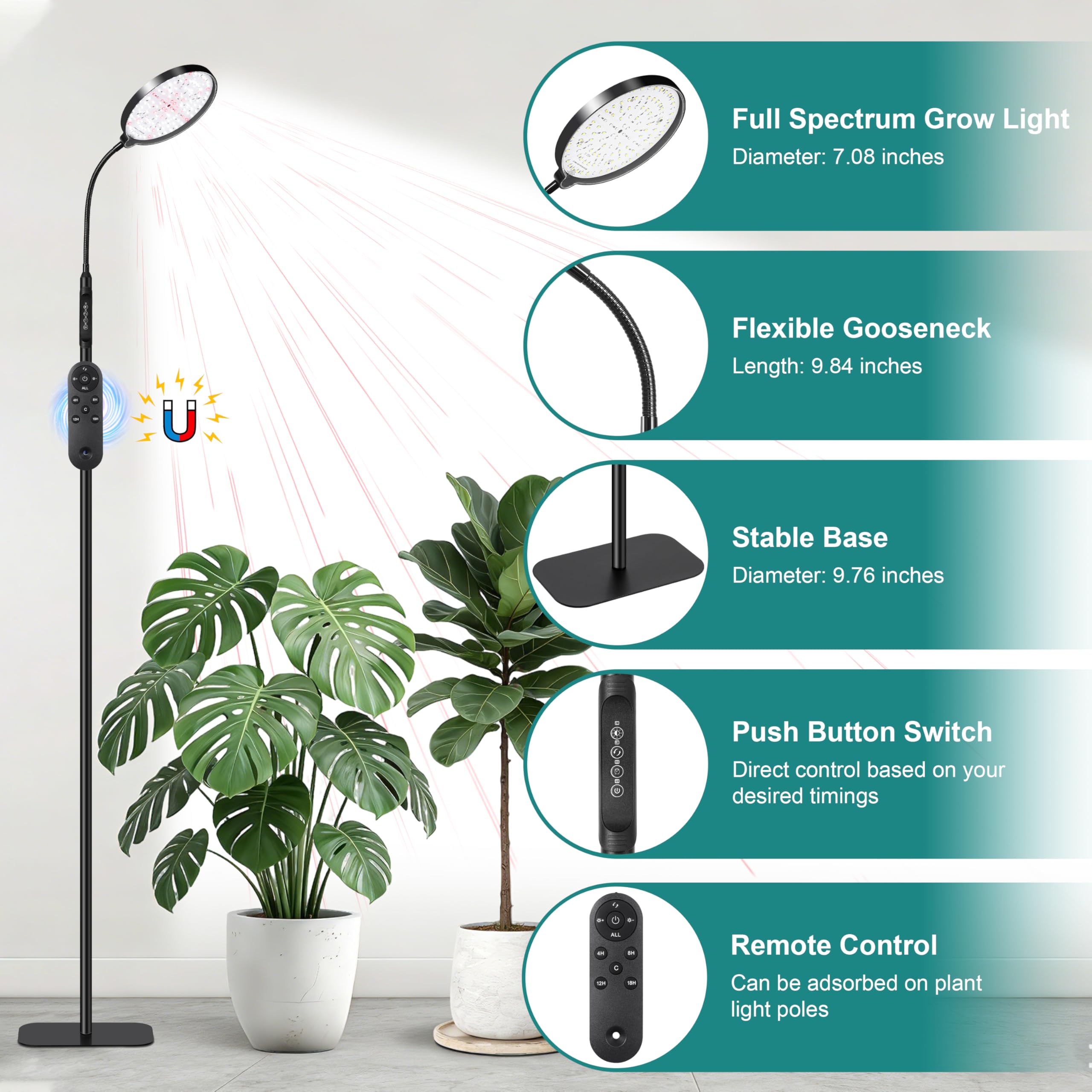 Lámpara para plantas de interior, soporte de espectro completo, mando a distancia y temporizador de 4/8/12/18h, 3 modos, 10 niveles de atenuación, soporte estable para plantas altas hierbas suculentas