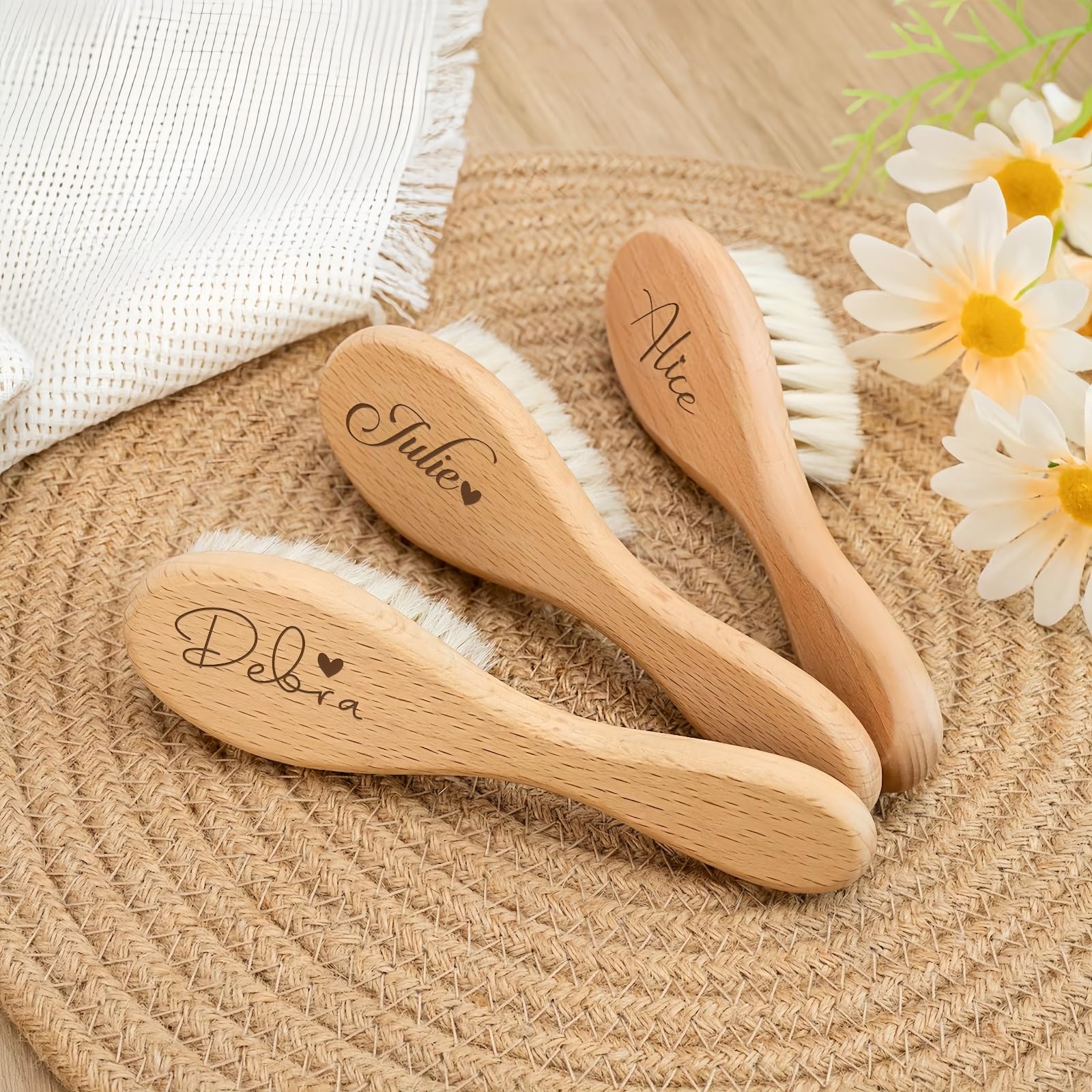 Set Personalizzato Di Spazzola E Pettine Per Bambini, Spazzola In Lana, Pettine In Legno Con Nome E Icona Incisi, Accessori Per Il Bagnetto, Regali Per Neonati