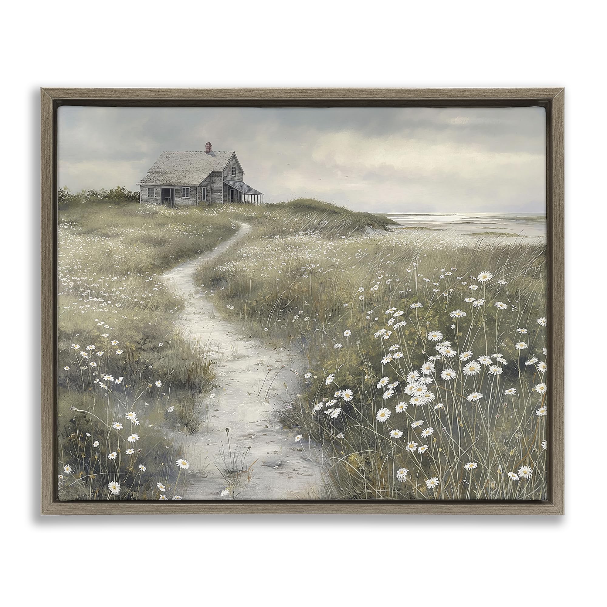 Stupell Industries Coastal Cottage Pathway with Daisies, Serene Greyscale Landscape Wall Art, 24 x 30 Inch Gallery Wrapped Canvas Wall Art in Floater Frame, by Imagine It Images, Made in USA Gift