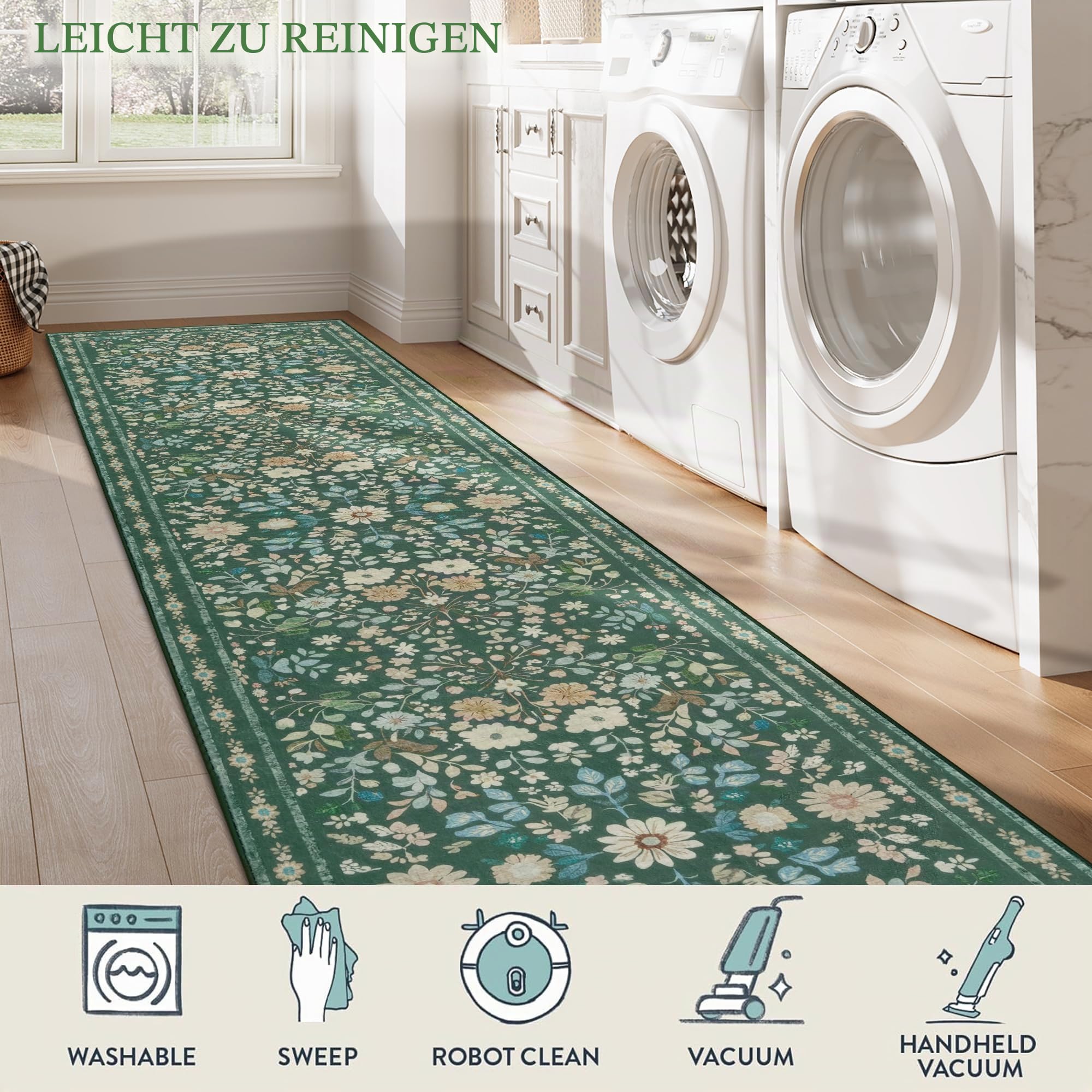 Homcomodar Blumen Teppich Läufer Flur rutschfest 80x300cm Läufer Küche Vintage Boho Teppiche Waschbar Küchenläufer Küchenteppich Grün Teppichläufer für Flur Küchen Eingang Wohnzimmer Schlafzimmer