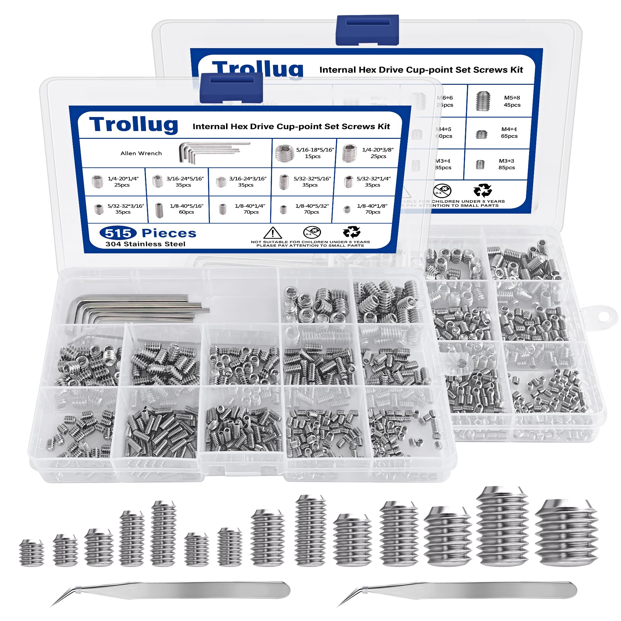 1305PCS Metric + SAE Set Screw Assortment Kit, Internal Hex Drive Headless Set Screw Assortment Kit with 10 Hex Wrenches, M3 to M8 and 1/8-40 to 5/16-18 (304 Stainless Steel)