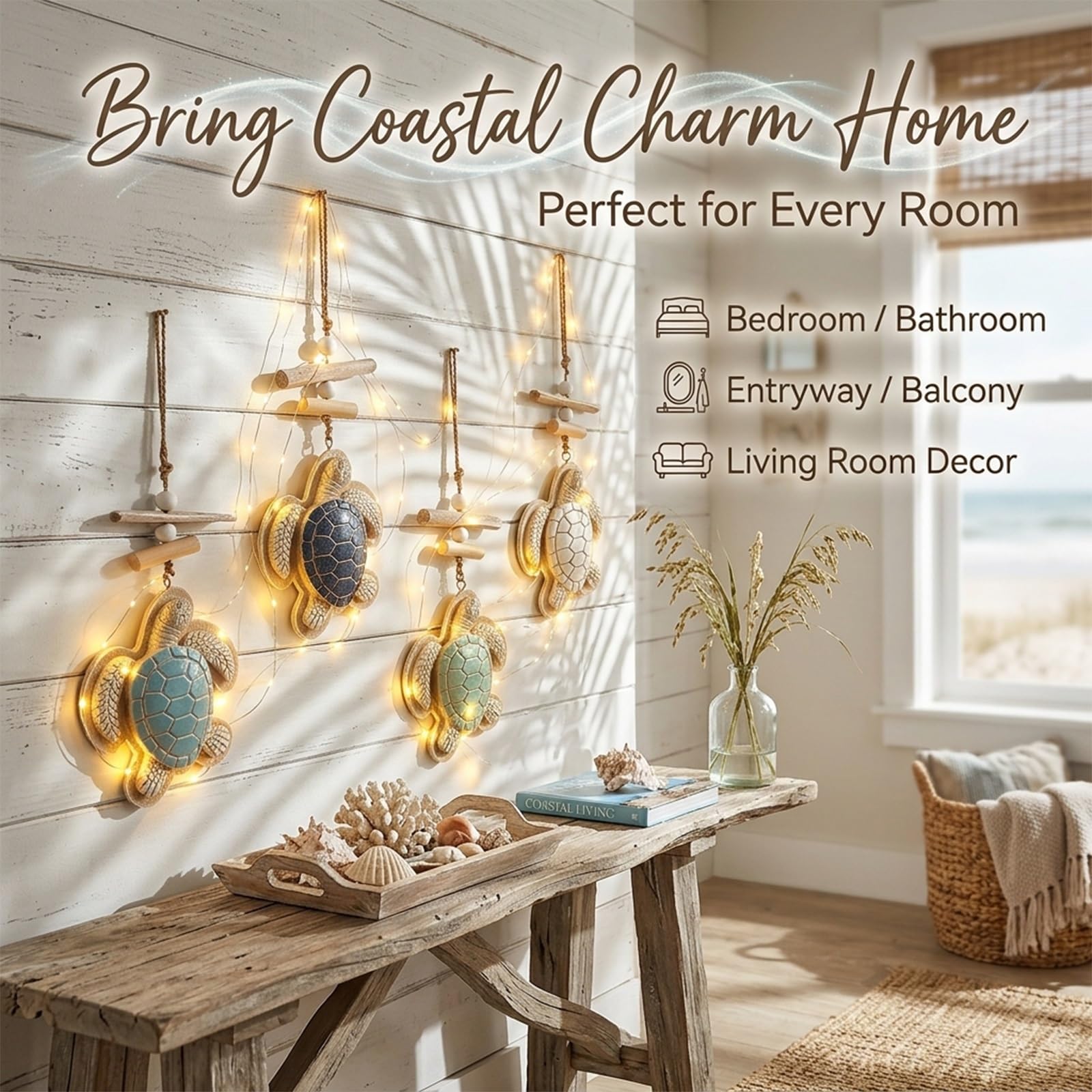 Glowing Coastal Sea Turtle Wall Art, Lighted Hanging Wall Decor with Lights(4pcs)
