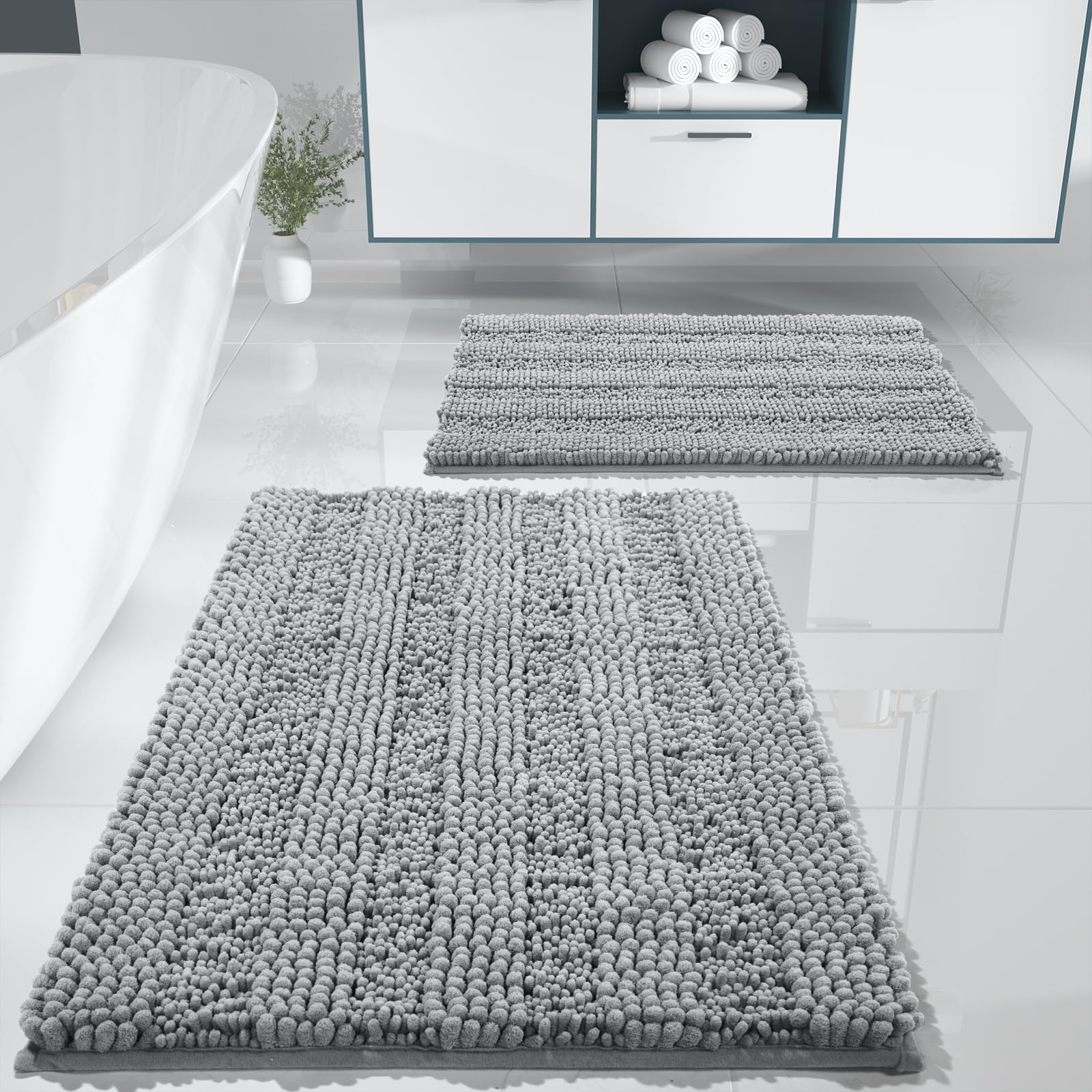 Yimobra Bathroom Rug Set 2 Piece Soft Absorbent Chenille Bath Mat Set Non Slip Machine Washable Quick Dry