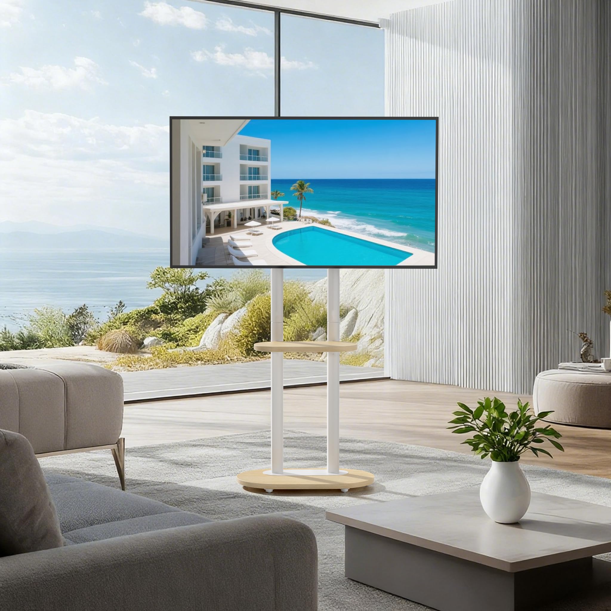 UNHO Supporto TV da Pavimento con Ruote Nascoste per 40-75 Pollici Bianco | Porta TV con Ruote, Peso Max 60kg, Max VESA 600x400mm, Legno Ripiano, Regolabile in Altezza, Doppia Colonna Stabile