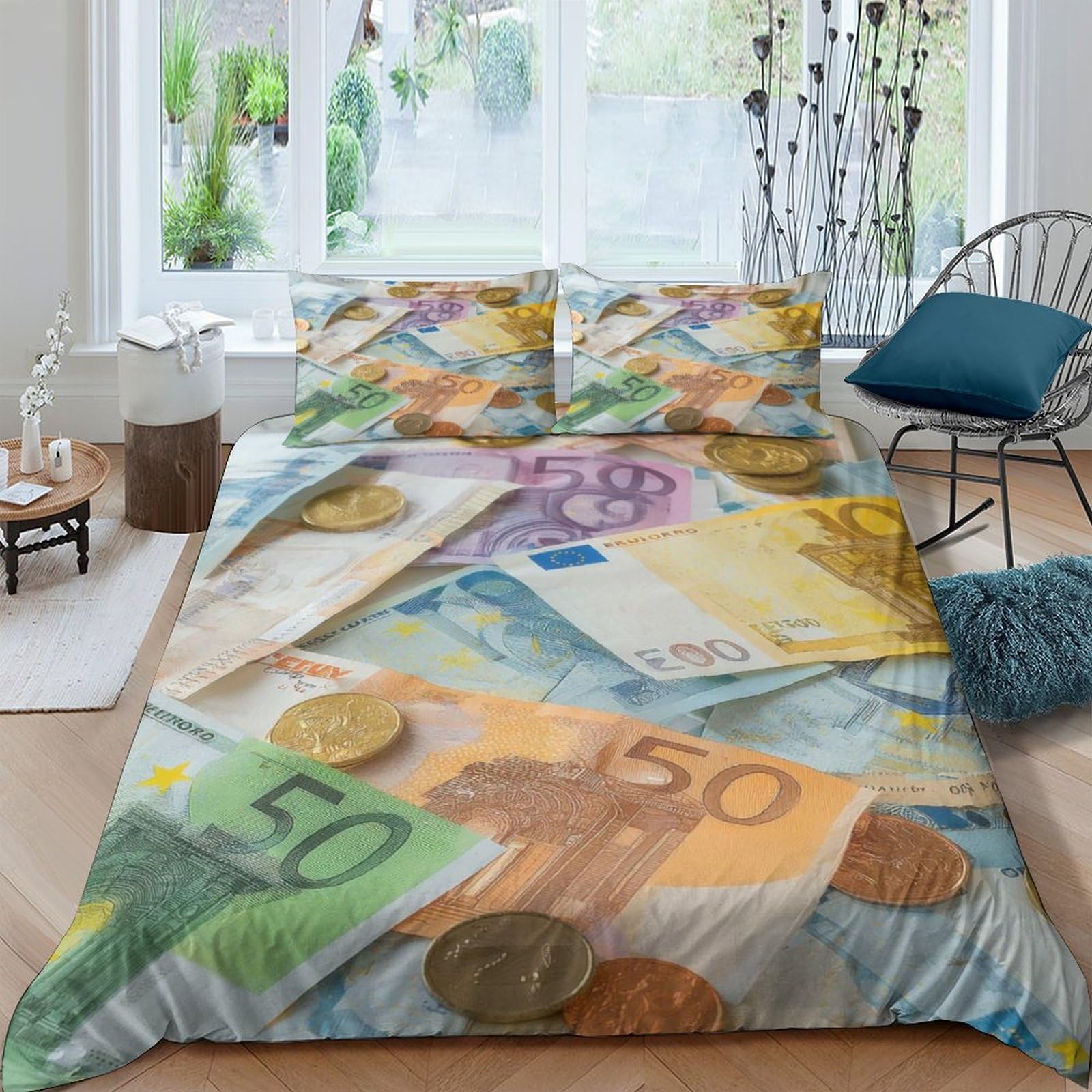 Ctjqhvkz Style-9 3D Printed Euro Banknotes Fitted Sheet Microfiber Soft Colorful Money Pattern Mattress Cover For Bedroom Guest Room Single（135X200cm）