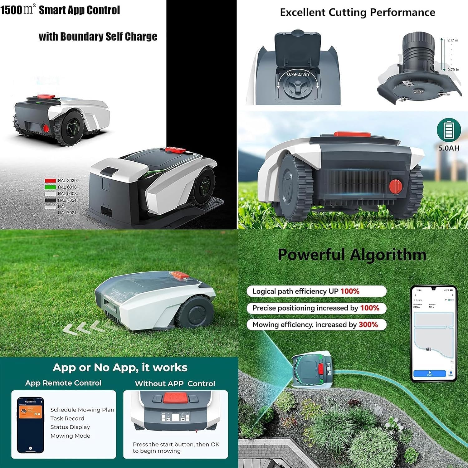 Robot Cortacésped para Césped De 1500 M2, Robot Cortacésped Automático Inteligente con Navegación GPS, Pendiente del 25%, Ultra Silencioso, Batería De Litio De 5.0Ah, Altura De Corte 20-50mm