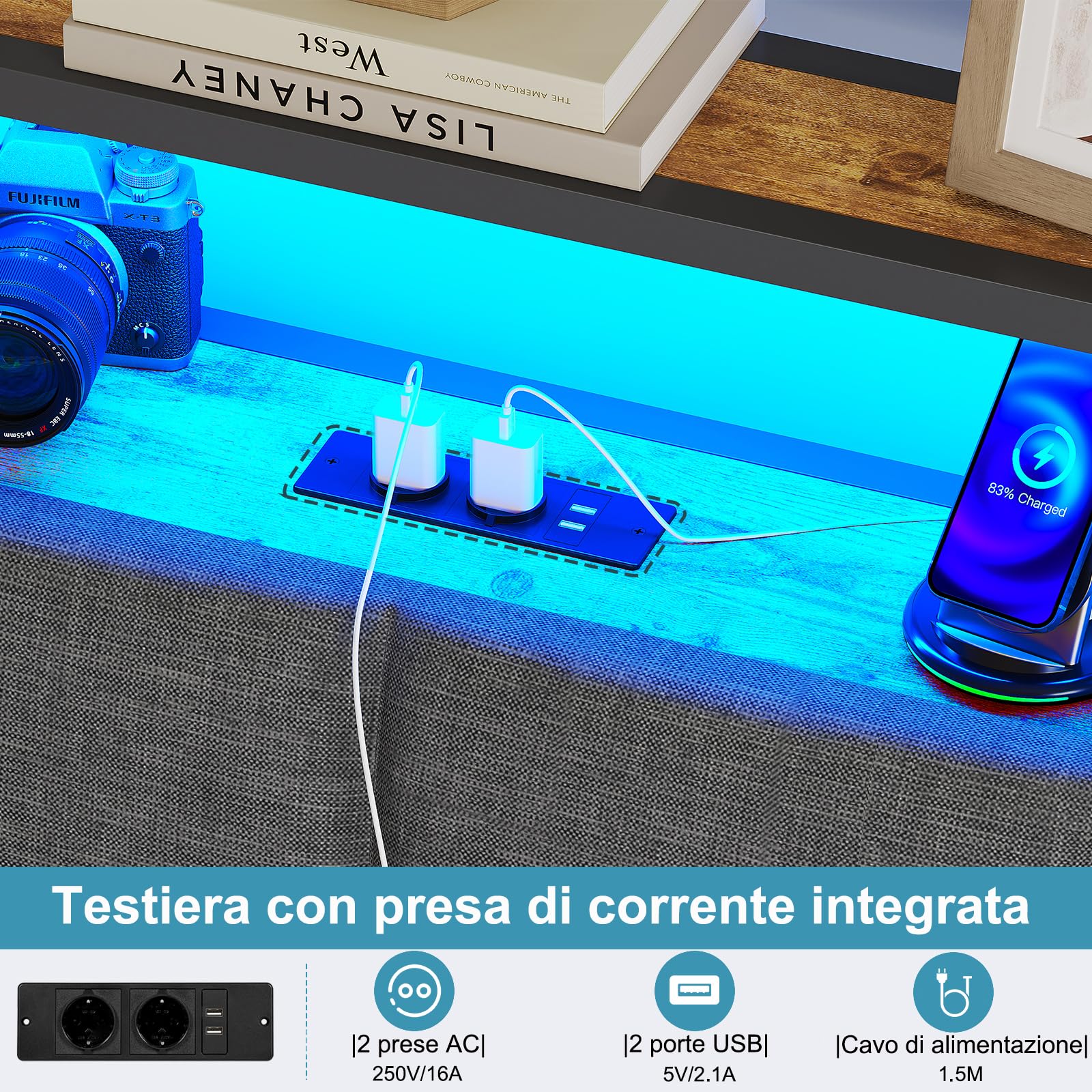 Brinlawb Letto Imbottito 120x200 cm, Struttura letto con Luce LED e Stazione di Ricarica (2 Prese CA 2 Porte USB) Struttura letto con piattaforma in metallo, Facile da montare, Moderno, Nero e Grigio
