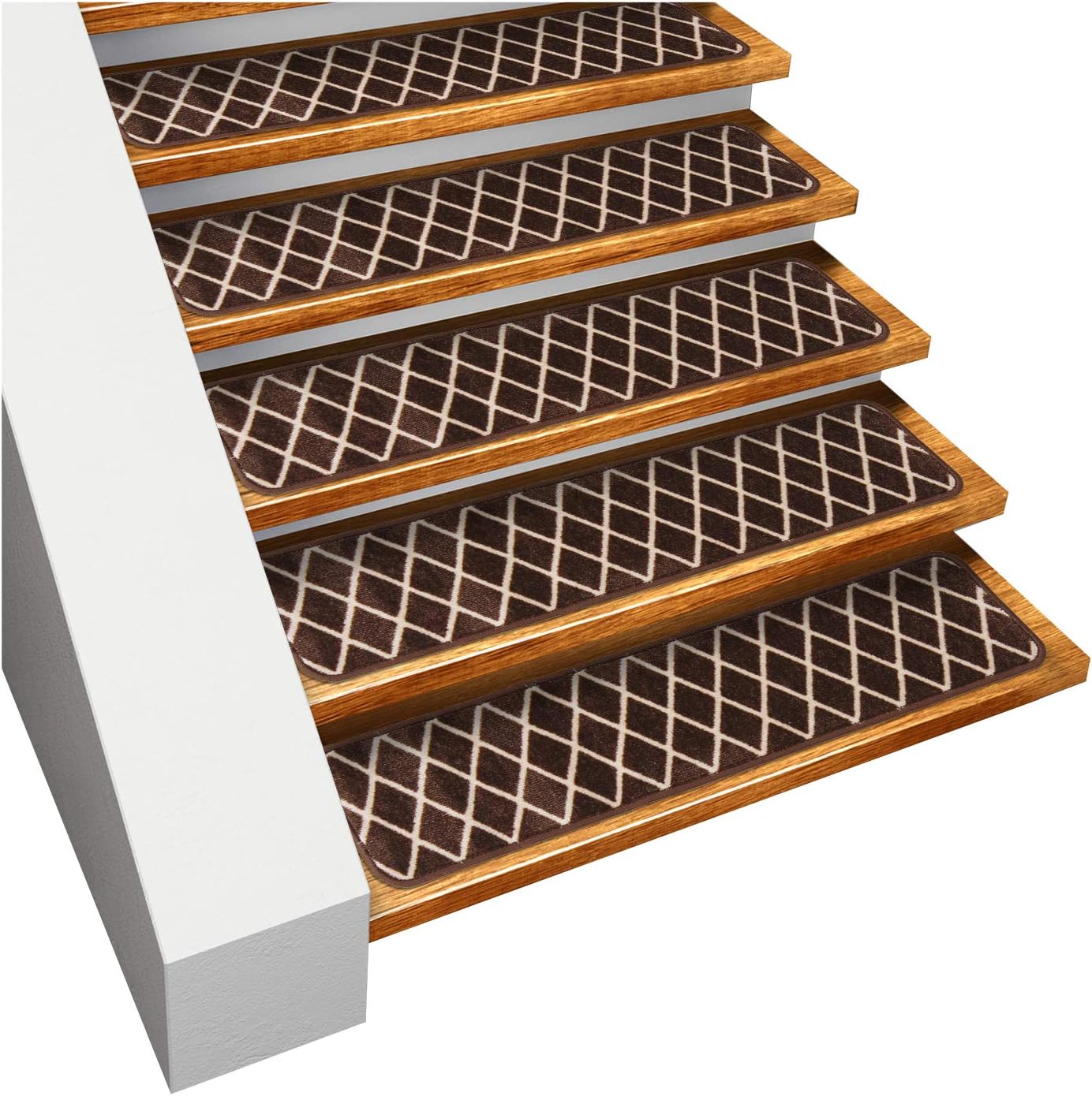 House, Home and More Set of 15 Skid-Resistant Carpet Stair Treads – Diamond Trellis Lattice – Coffee Brown & Vanilla Cream – 8 Inches X 26 Inches