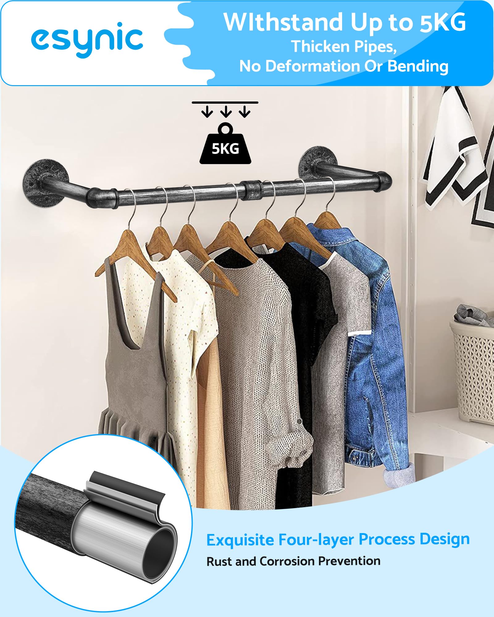 EDCB Wall Mounted Industrial Pipe Clothing Rack Garment Racks Pipeline Vintage Rolling Rack On Wall, Heavy Duty Rustic Gold Metal Garment Frame For Bedroom, Living Room (Black - View #2