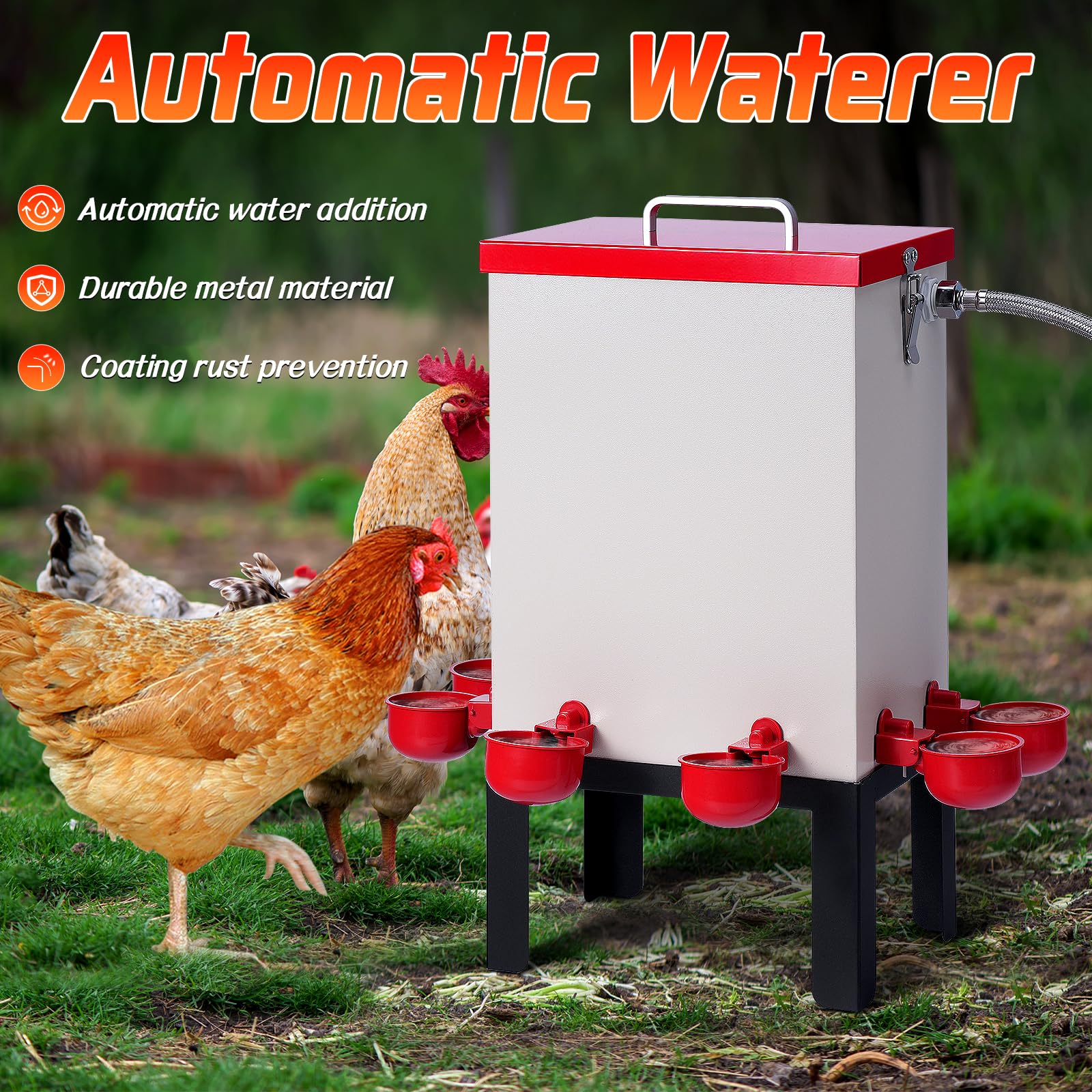 Abbeveratoio Automatico per Polli, Annaffiatoio per Pollame in Acciaio Inox da 11 L con Valvola a Galleggiante, Tazze D'acqua, Supporto Inferiore e Tubo Flessibile, Abbeveratoio per Anatre Quaglia Oca