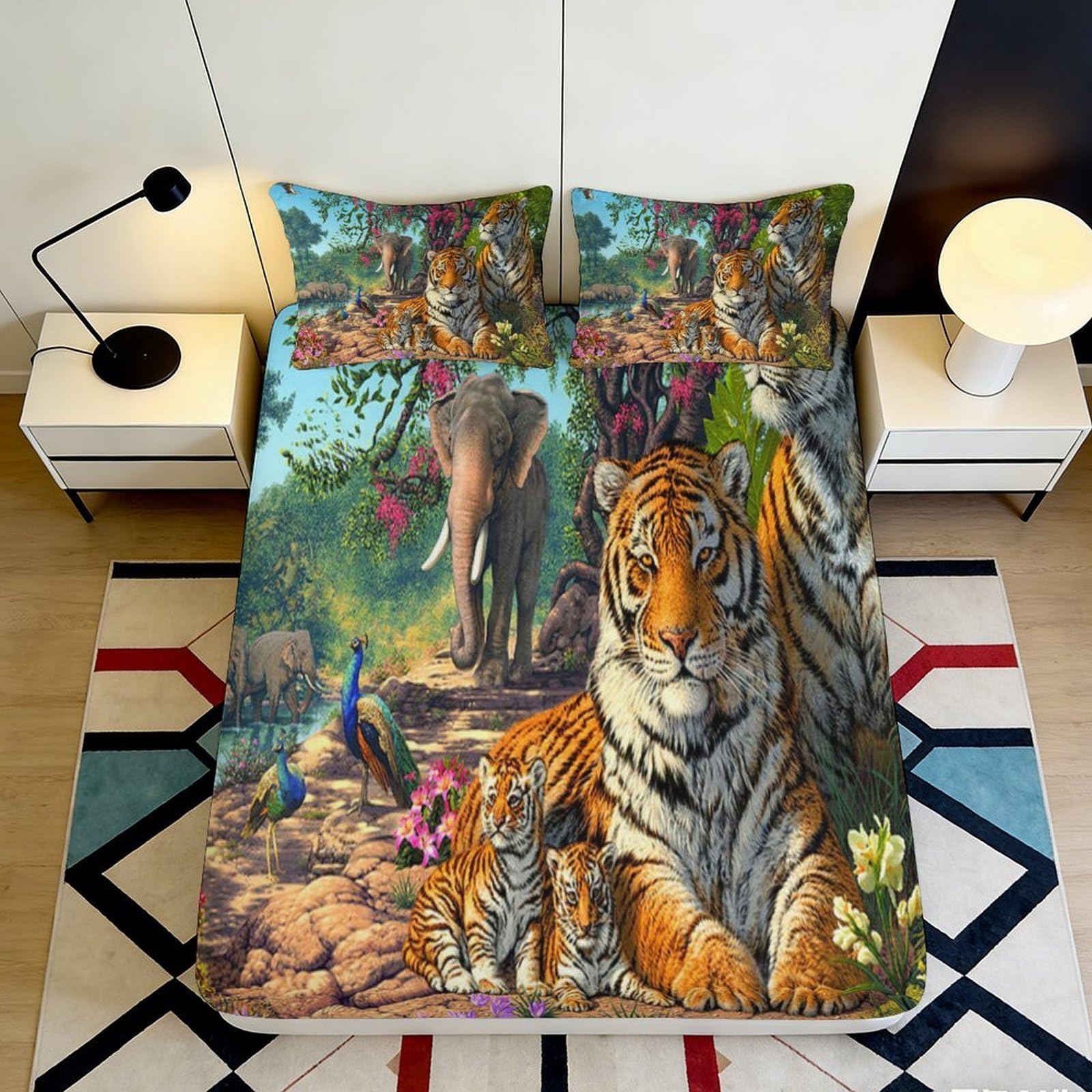 3D Printed Jungle Tiger Fitted Sheet Microfiber Animal Safari Elephant Bed Cover for Bedroom Guest Room Decor 90x200x25cm
