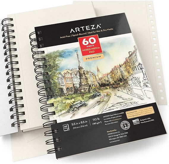 ARTEZA Mixed Media Sketchbook, 5.5 x 8.5 Inches, Pack of 1, 60 Sheets, Micro-Perforated Spiral-Bound Paper Pad for Wet and Dry Media