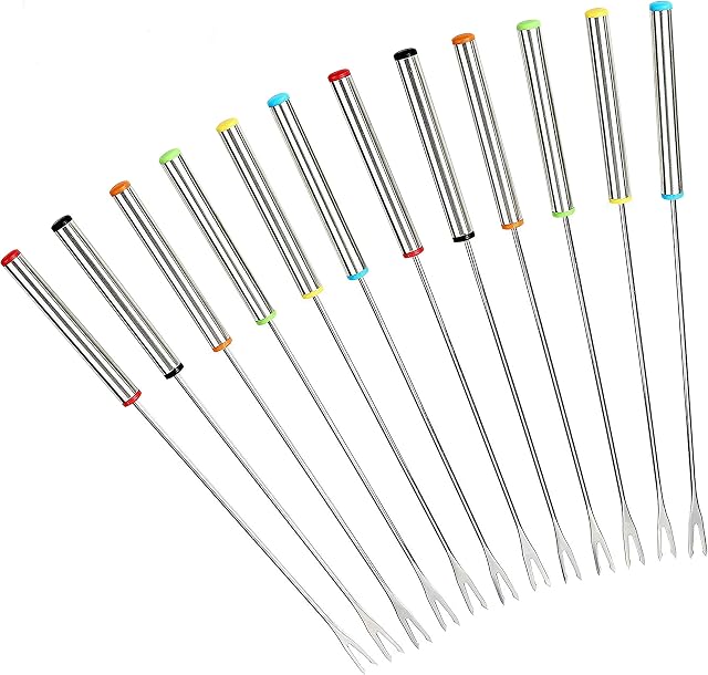 GuDoQi Stainless Steel Fondue Forks, Set of 12, Roasting Sticks Marshmallow, Heat Resistant Handle, Fruit Chocolate Fountain Cheese Forks (24cm)