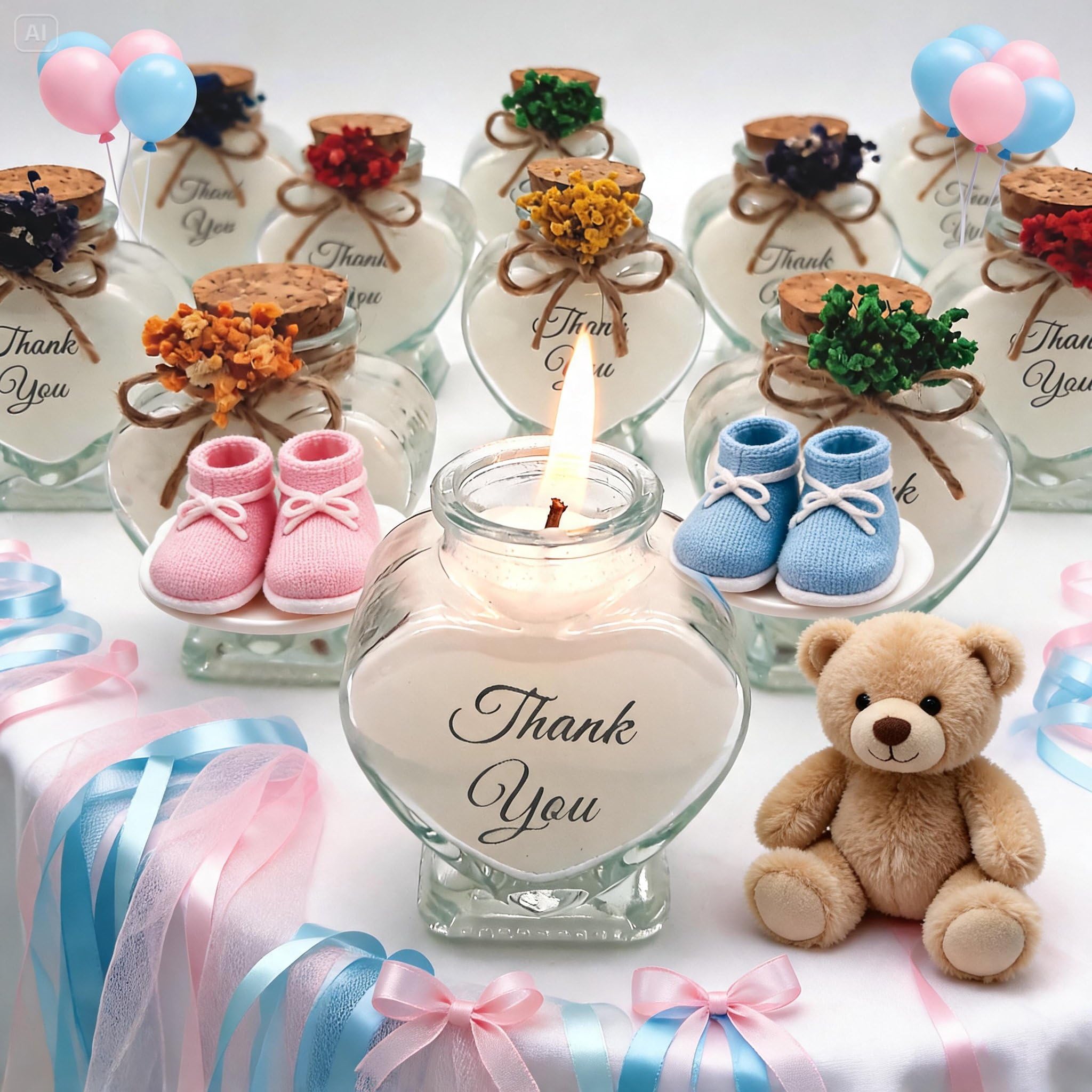 Lot de 30 bougies en verre en forme de cœur avec autocollant personnalisé et fleurs séchées, cadeaux de fête prénatale (blanc)