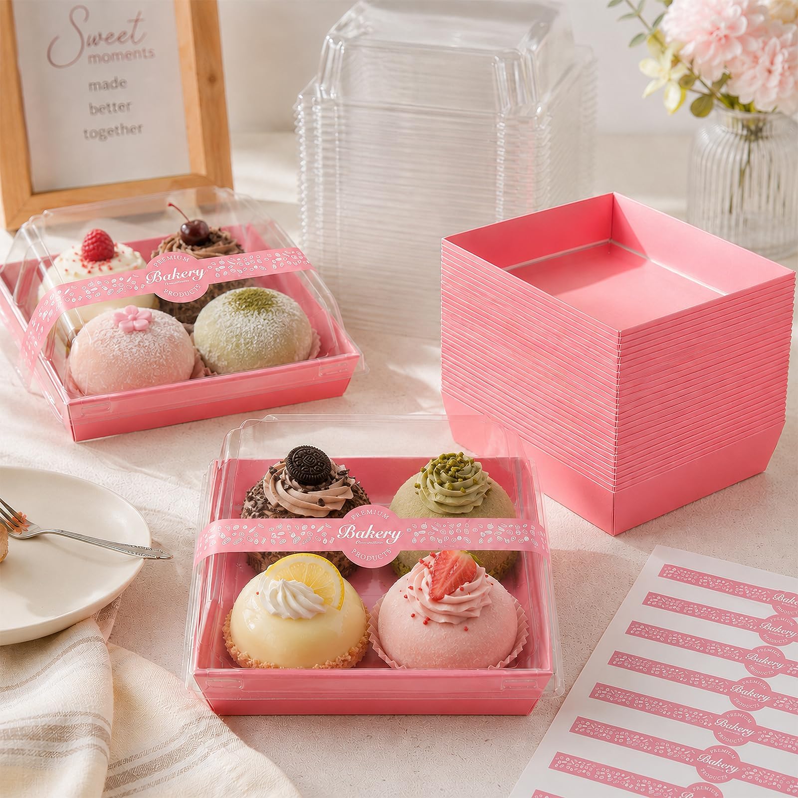 100 scatole per salumi con coperchio trasparente, scatole quadrate per alimenti, per dessert, biscotti, sandwich, fragole, 13,5 x 12,5 x 6,5 cm, blu (rosa)