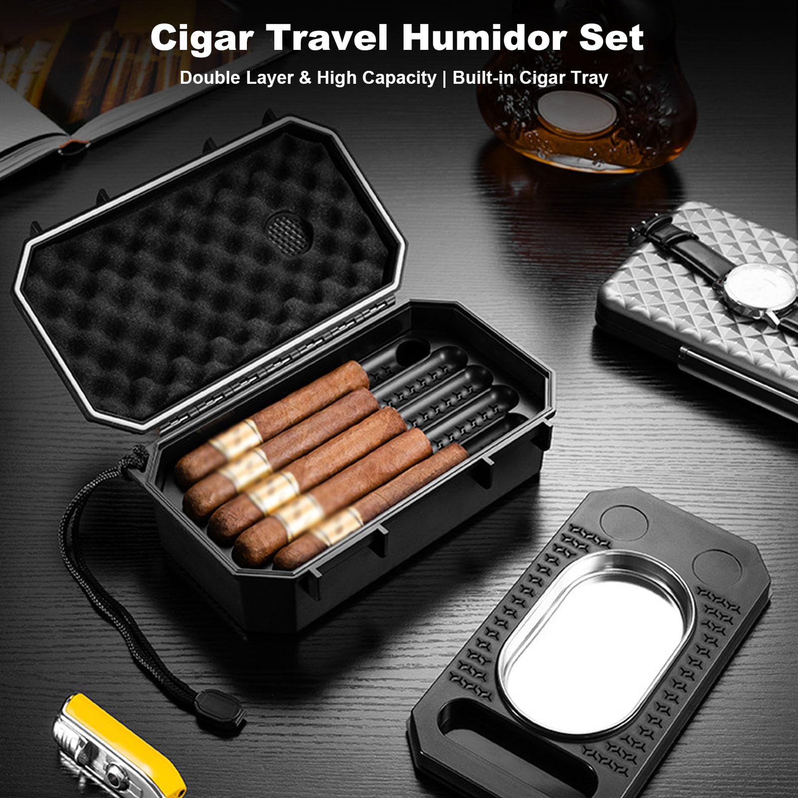 Humidor Portatile per Sigari, Custodia da Viaggio a Doppio Strato Grande capacità con Vassoio Integrato e Umidificatore (Contiene 10+ Sigari) – Kit da Viaggio Premium per Sigari(Color:B)