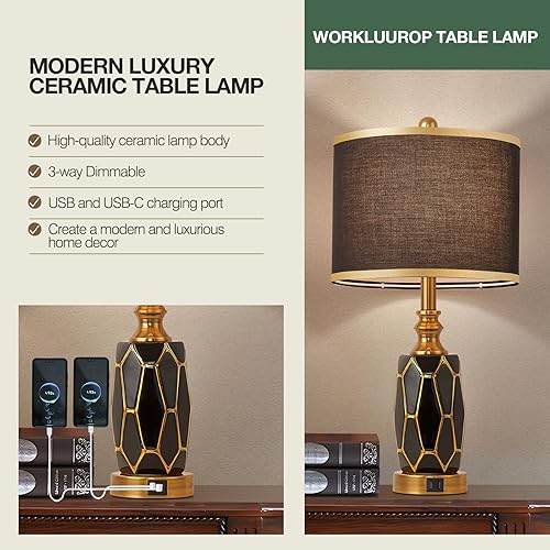 Miniatura 6 de Juego de 2 lámparas de mesa con control táctil para dormitorio, sala de estar, lámpara moderna de cerámica negra y blanca con puertos USB, lámpara