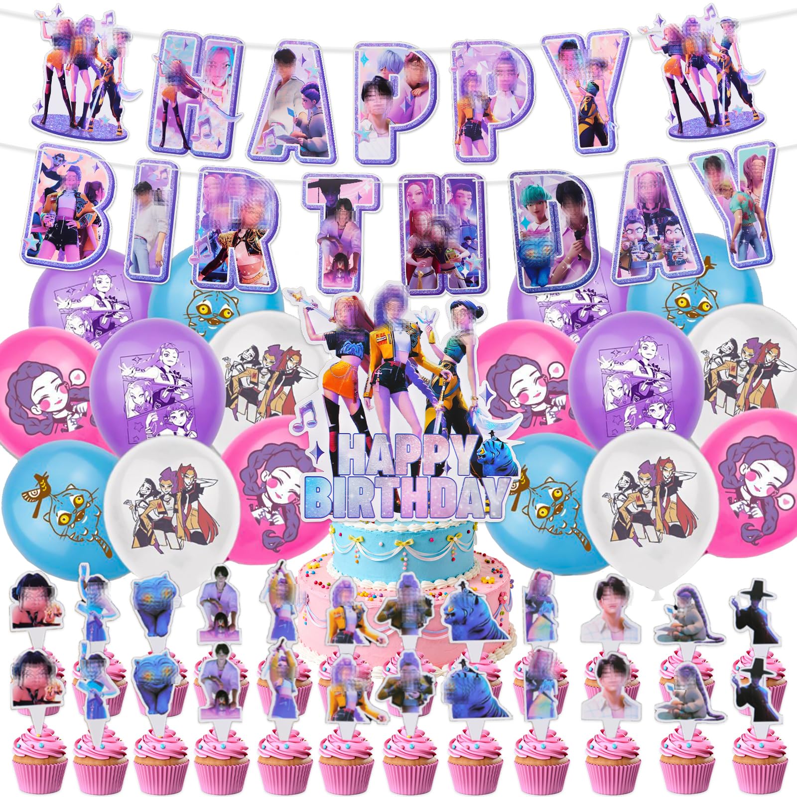 Vilntrosia 42PCS K-popS Birthday Decorations, Party Balloons with Happy Birthday Banner, Balloons, Cake Topper ,Happy Birthday Balloons-Party Supplies (MONV-1)