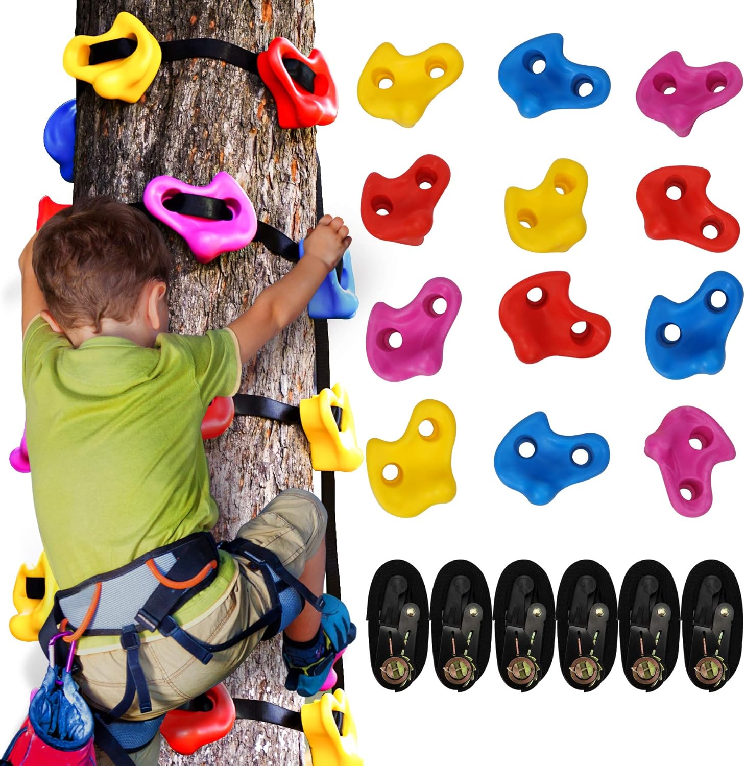 leofit 12pc Ninja Tree Climbing Holds Rock Climbing Holds for Kids Climbing Rocks with 6 Ratchet Straps for Outdoor Ninja Warrior Training : Toys & Games