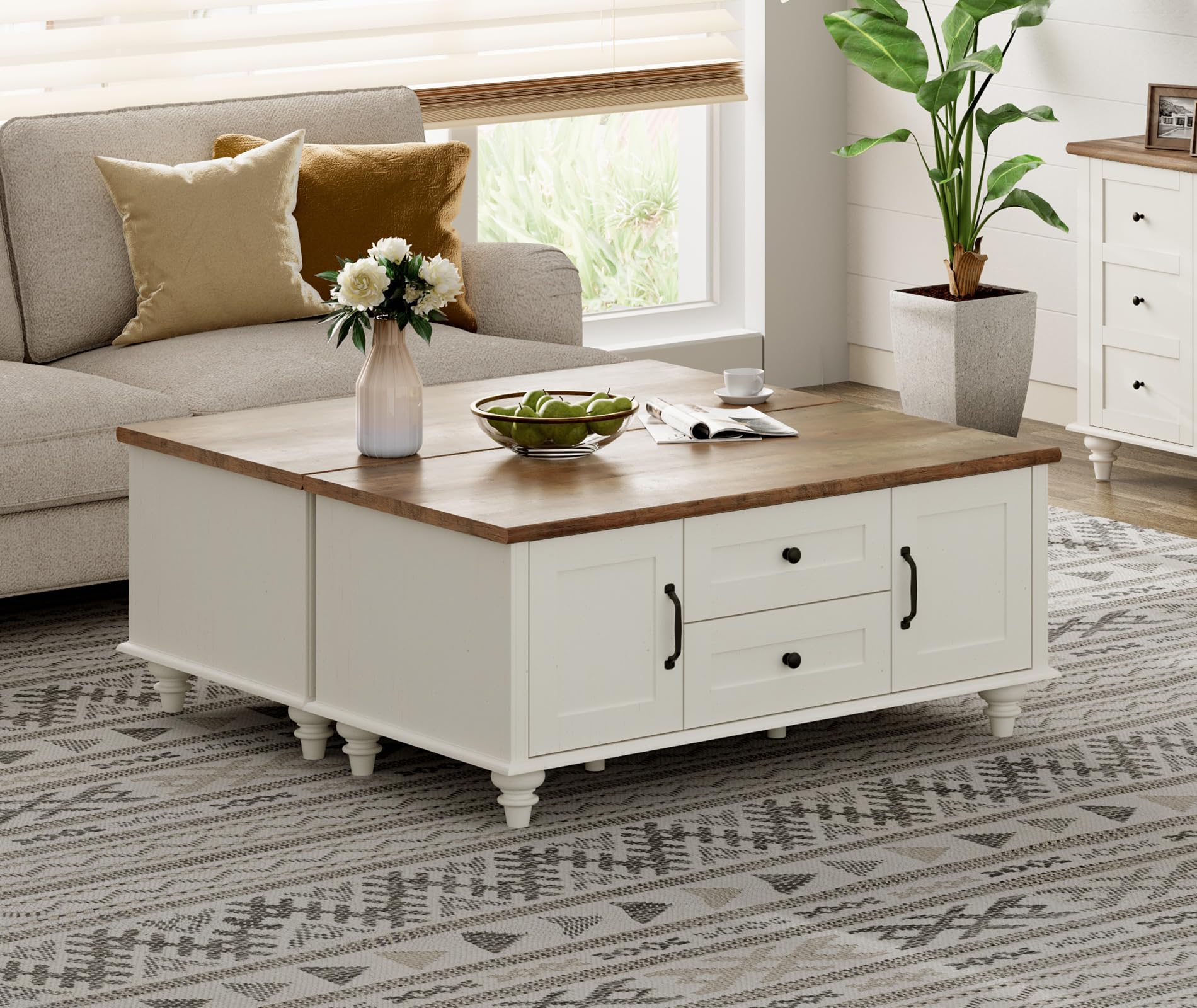 WAMPAT White Coffee Table with Storage Cabinet Set of 2 Wood Coffee Tables for Living Room Modern Rectangle