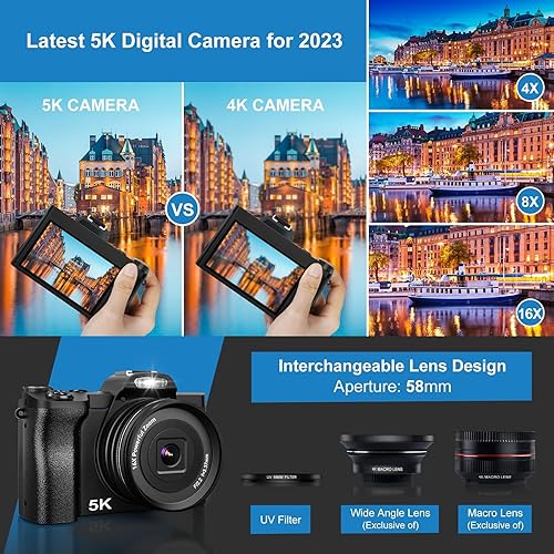 Miniatura 2 de Cámara digital 5K, cámara WiFi para vlogging con tarjeta SD de 32G, cámara compacta de enfoque automático de 48 MP, cámara de viaje de