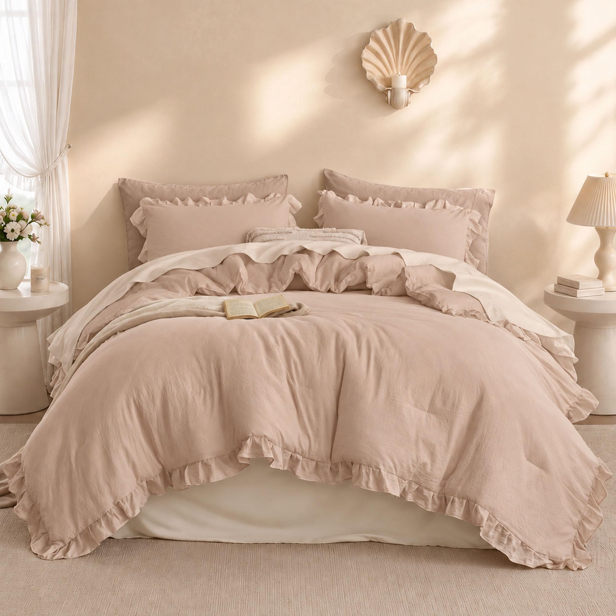 JANZAA Taupe Comforter Set King, Ruffle Soft Bedding
