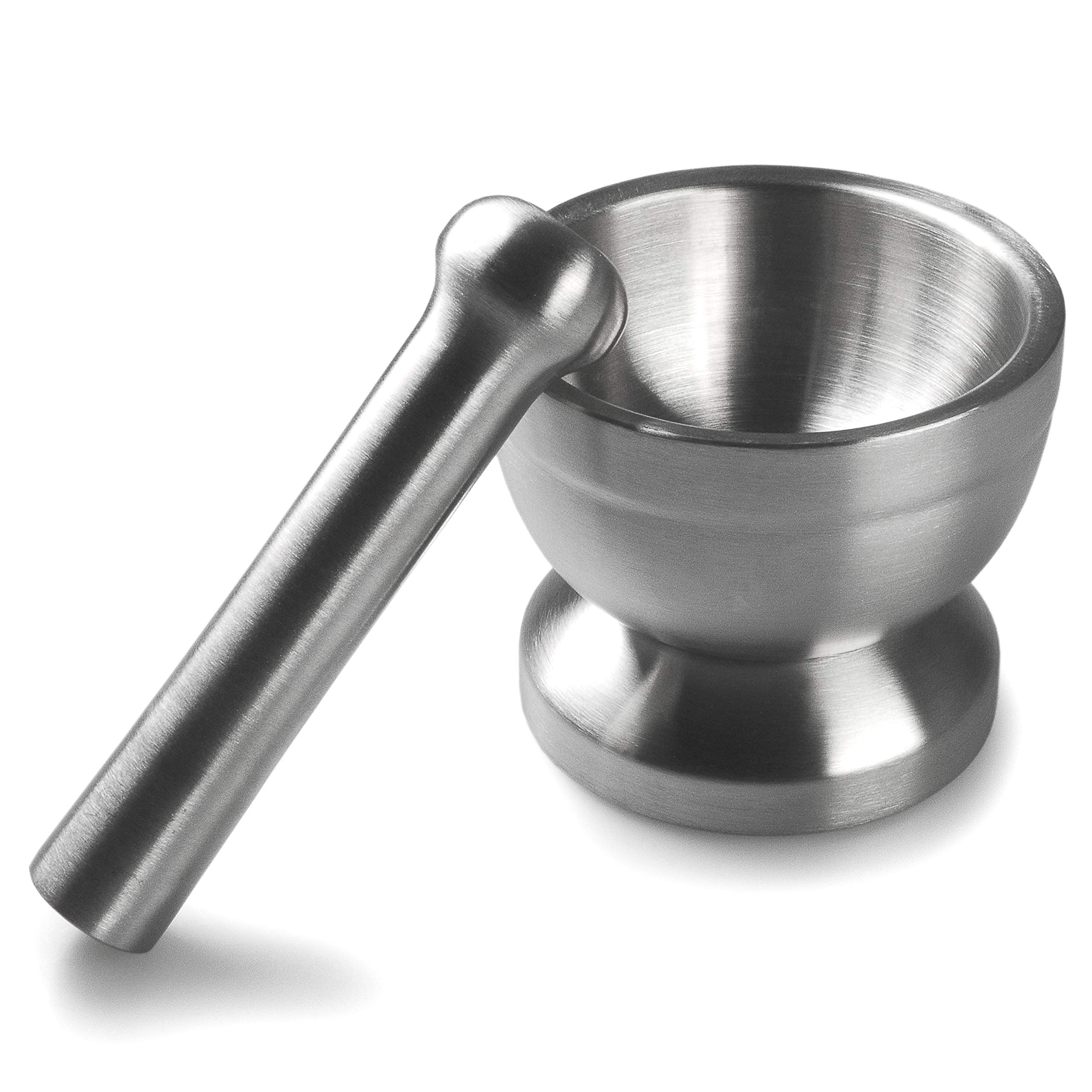 Mörser aus rostfreiem Edelstahl mit Stößel, inkl. transparentem Deckel, rutschfester Boden, schwere 789 g Ausführung, Ø innen 8,5 cm, 8,2 cm Höhe, zum Mahlen und Zerstoßen