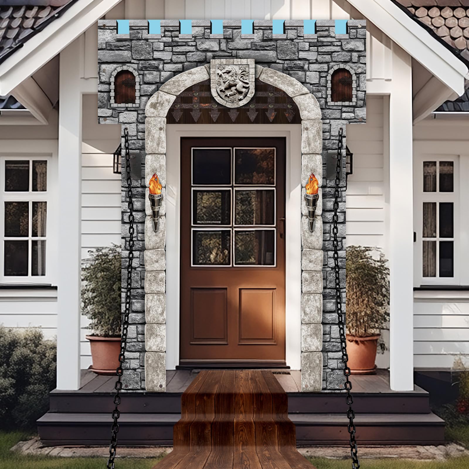 Jingmore 6 Pcs 70 Inch 3D Medieval Castle Door Cover Backdrop 1/2 Pack Castle Enchanted Entrance Ground 2/4 Pack Stereo Chain Decorations Party Door