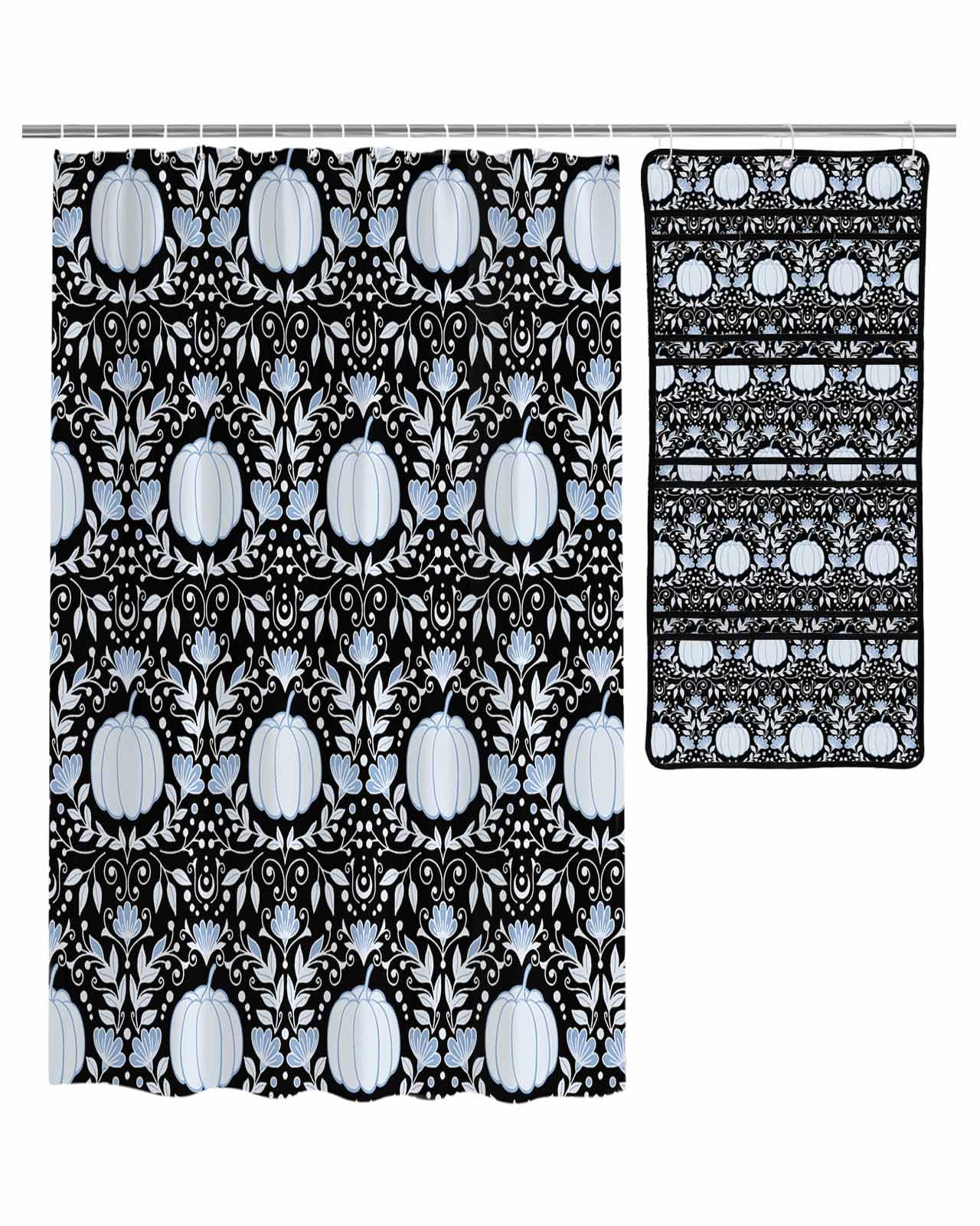 QueenKer Shower Curtain Sets with Mesh Hanging Shower Organizer Fall Abstract Pumpkin Flower Leaves Dot Black Shower Curtain