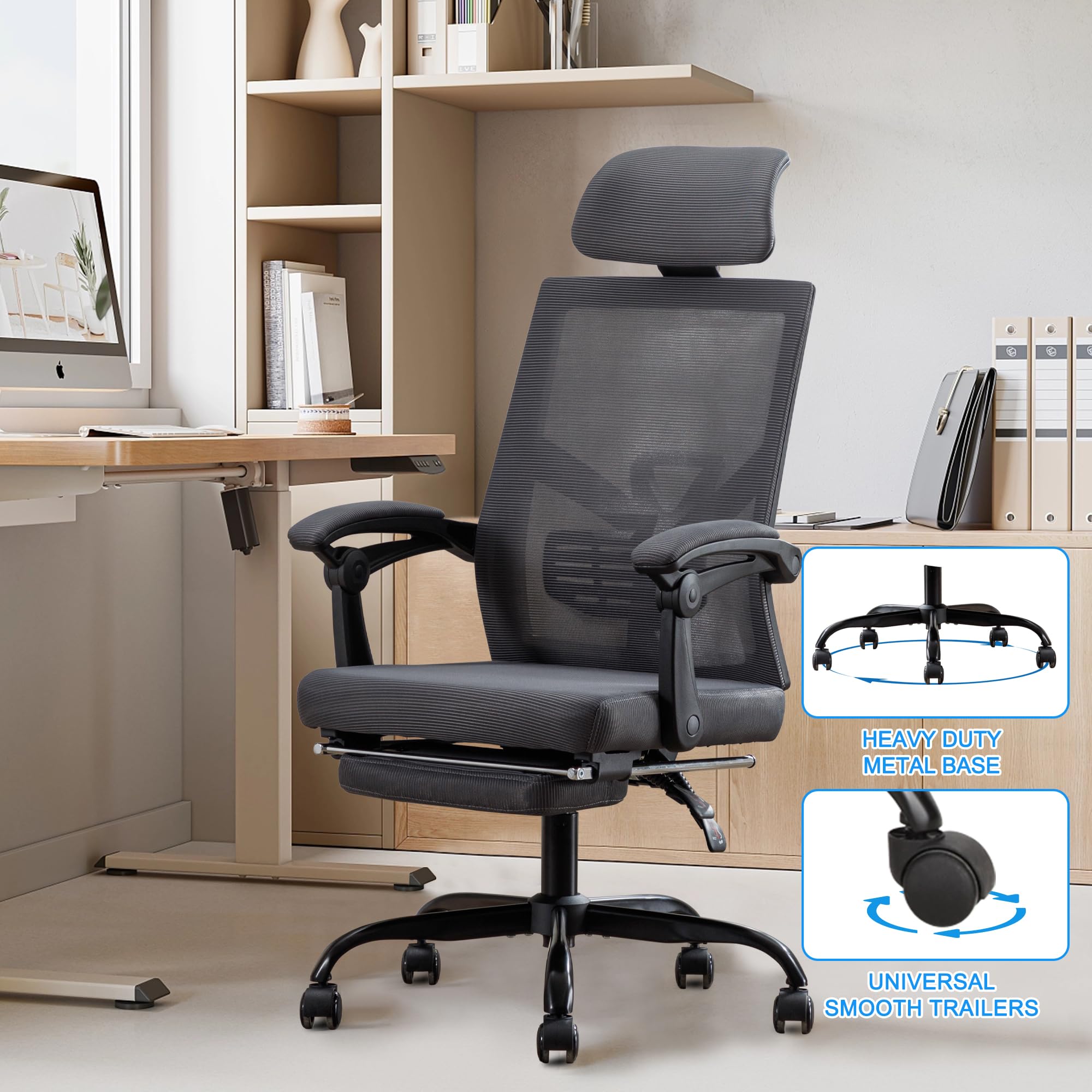 UEV Silla de Oficina Ergonómica con Reposapiés, Silla de Escritorio con Reposacabezas Ajustable, Soporte Lumbar, Regulable en Altura, Inclinable, hasta 136 kg, Tejido Transpirable, Gris