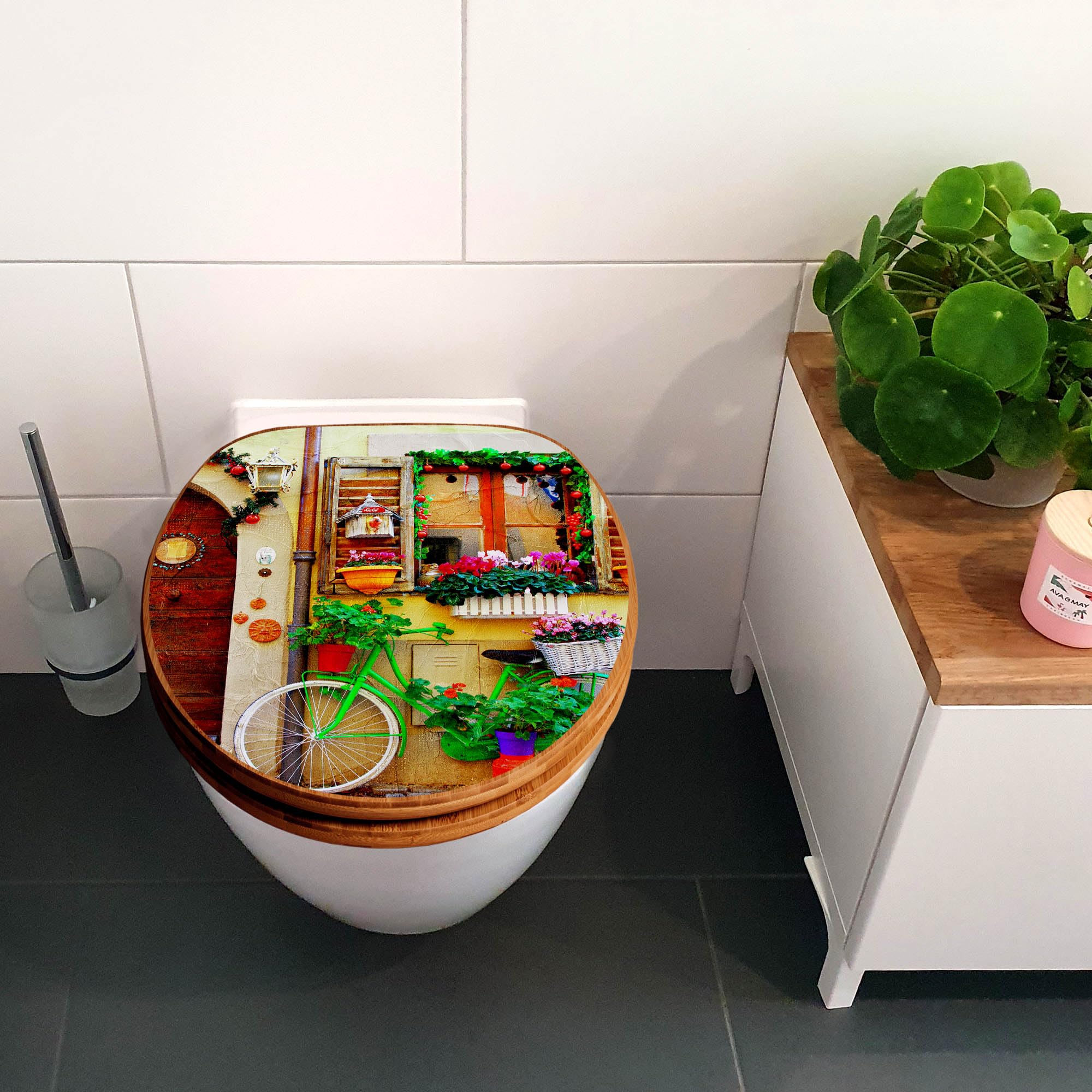 banjado Design WC Sitz Bambus Absenkautomatik 45,8x37,5cm - Toilettendeckel mit Absenkautomatik Holz - hochwertiger Bambus Klodeckel - WC-Sitz für gängigen Toiletten - Motiv Grünes Fahrrad