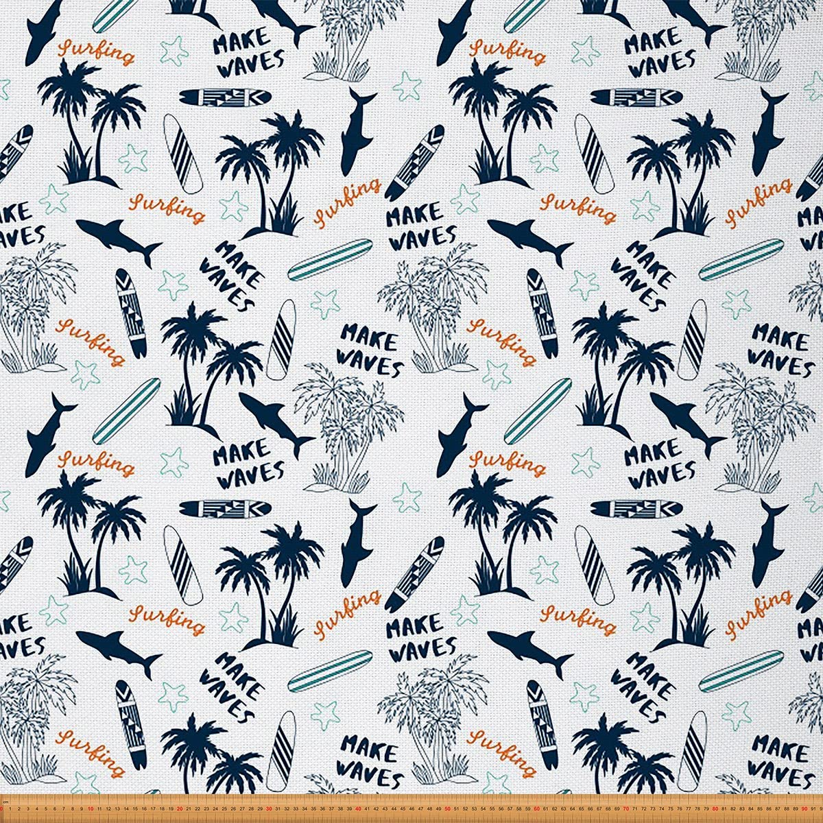 Ocean Beach Fabric by The Yard Tropical Palm Tree Shark Upholstery Fabric for Chairs Sea Wave Surfing Decorative Fabric for Upholstery and Home DIY Projects 1 Yard,(L92*W150cm) Blue White