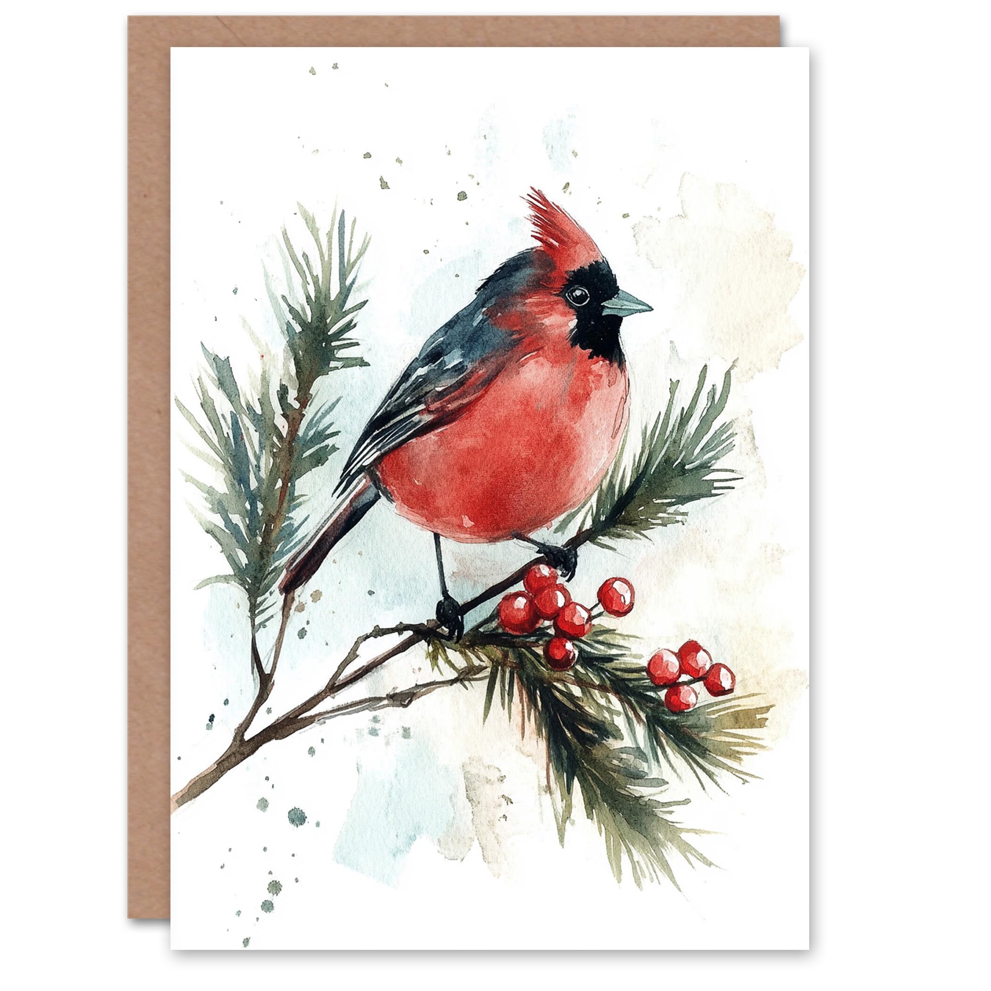 Artery8 Cardinal Bird Pine Tree Holly Berry Blank For Him Or Her Art Xmas Festive Christmas Card