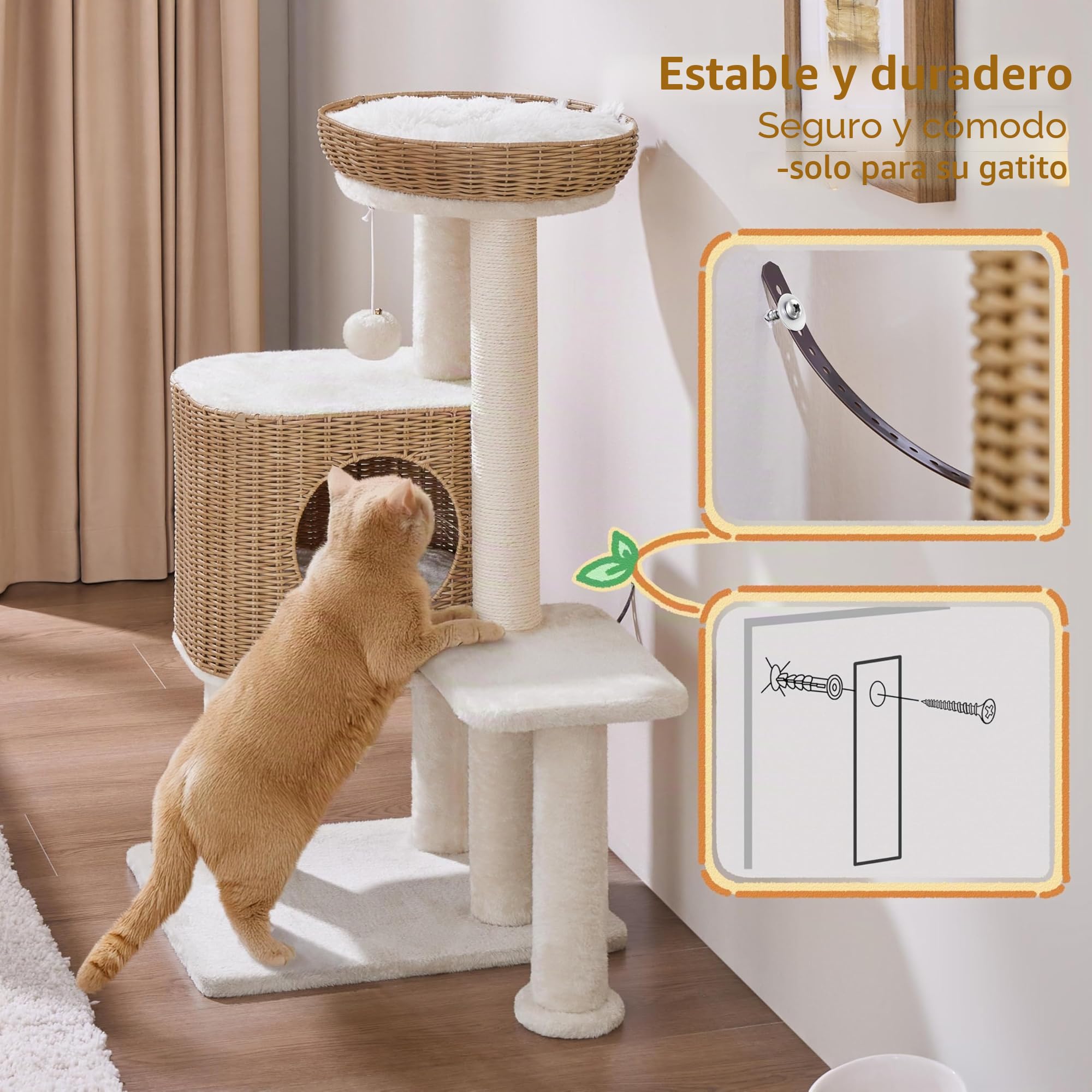 Yaheetech Árbol Rascador para Gatos Ratán Tejido a Mano 91cm Beige | Para Gatos Grandes,Cojines Lavables,Fácil montaje,Duradero, Estabilidad,Perca ancha,multifuncional,Bola colgante sustituible