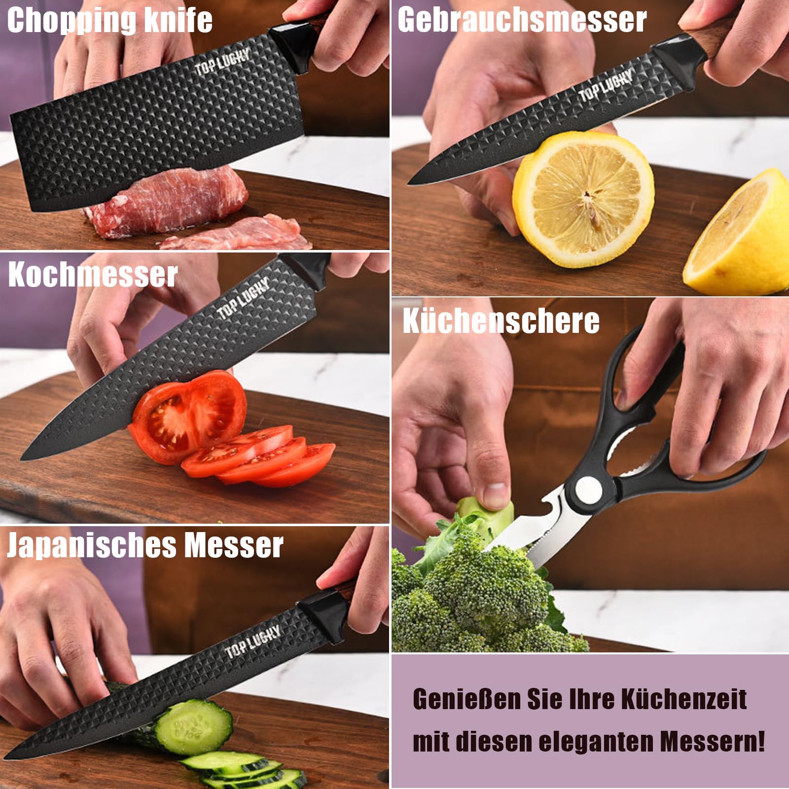 Justup Juego de Cuchillos de 6 Piezas Para Cocina - Cuchillos de Chef Afilados de Acero Inoxidable Antiadherente y Antideslizante Con Asiento (Negro)