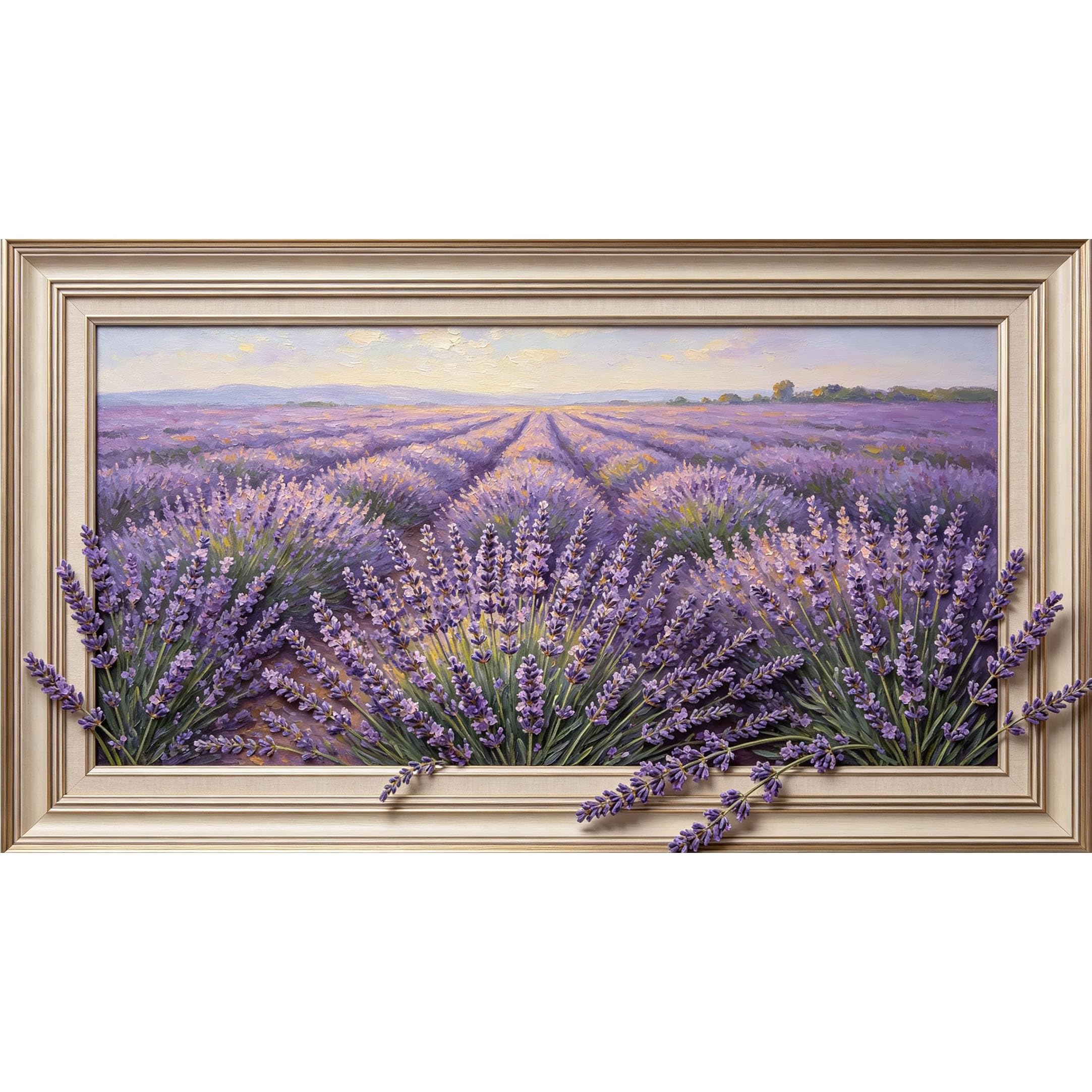 QZLITHOTIC 50x90cm3D Framed Wall Art， Lavender Field Landscape Botanical Self‑Adhesive Mural， Water‑Activated Peel & Stick Fabric Decor Wall Decal for Bedroom Living Room